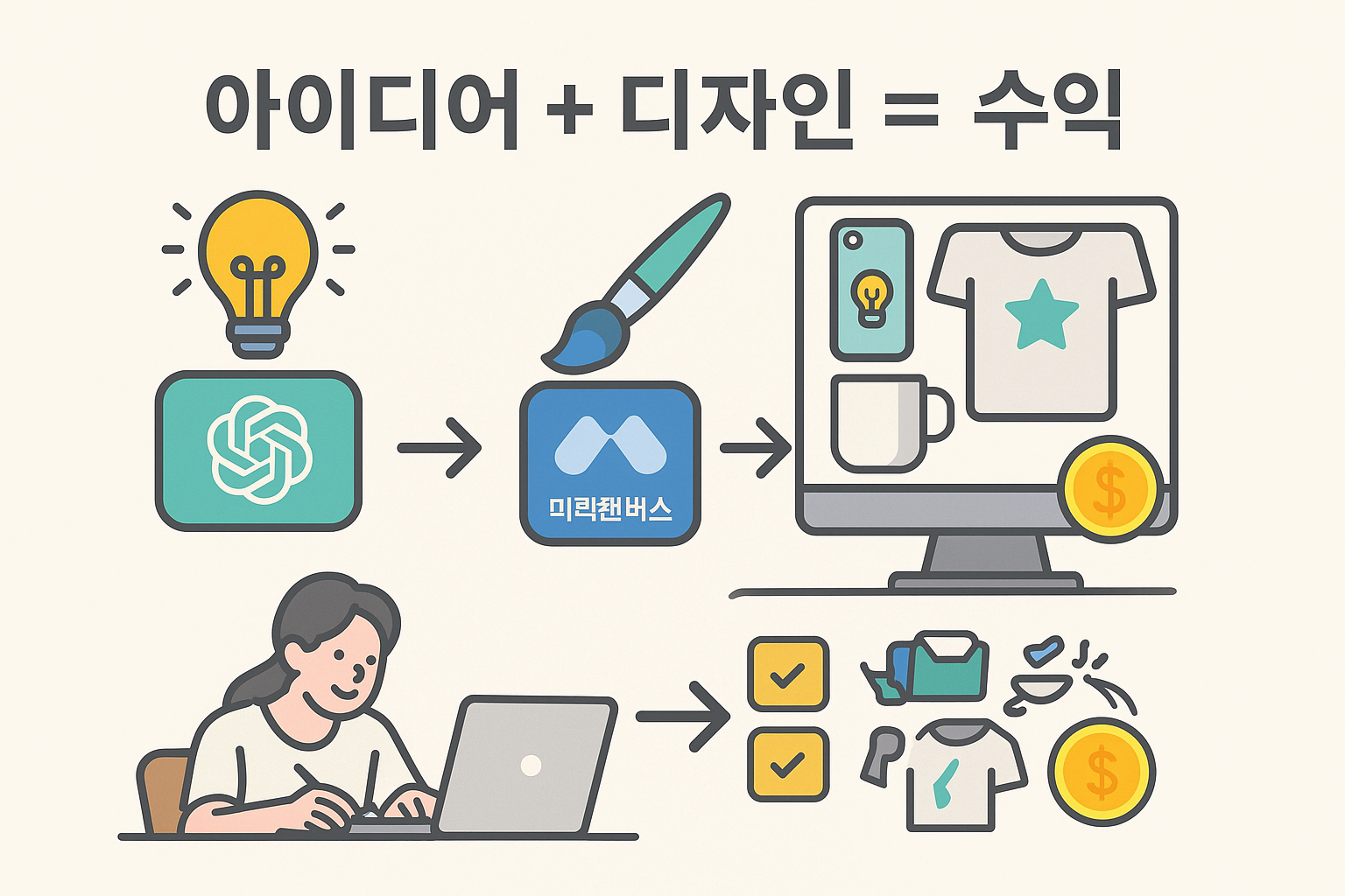 챗GPT와 미리캔버스 부업: 챗GPT 로고에서 아이디어가 나오고, 미리캔버스 로고에서 디자인이 나와, 최종적으로 굿즈 상품이 만들어지는 과정