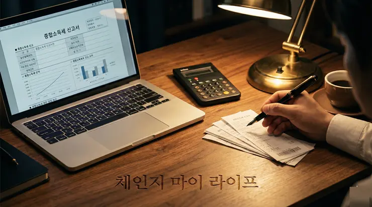 부업 소득 세금 신고를 위해 홈택스 지급명세서와 카드 영수증 데이터를 분석하며 절세 전략을 수립하는 체인지 마이 라이프