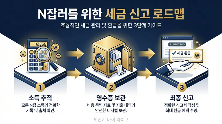 부업 소득 세금 신고 기간 및 단계별 준비 사항을 시각화한 전문 인포그래픽 리포트 체인지 마이 라이프