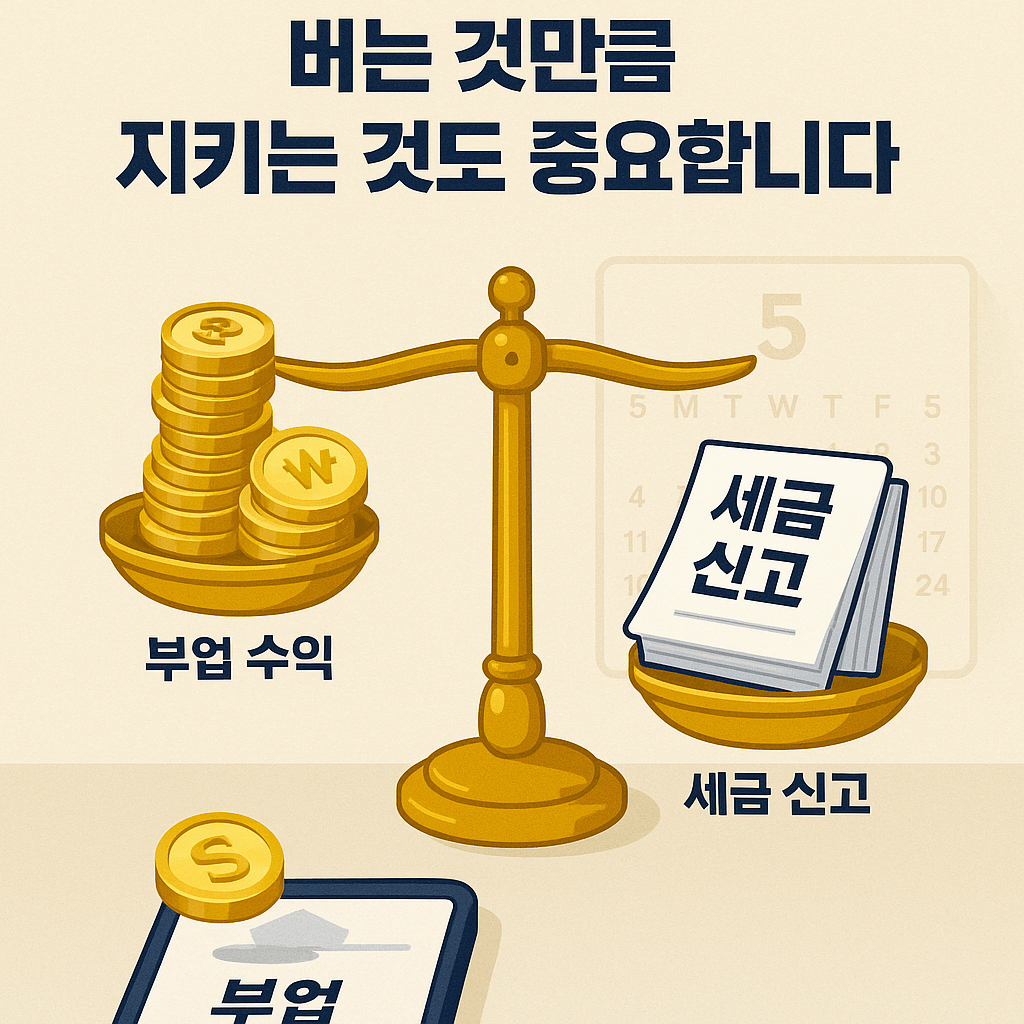 부업 소득 세금 신고: '수익'이라고 적힌 동전 더미에서 일부가 '세금'이라는 깔끔한 금고로 안전하게 옮겨지는 모습의 인포그래픽