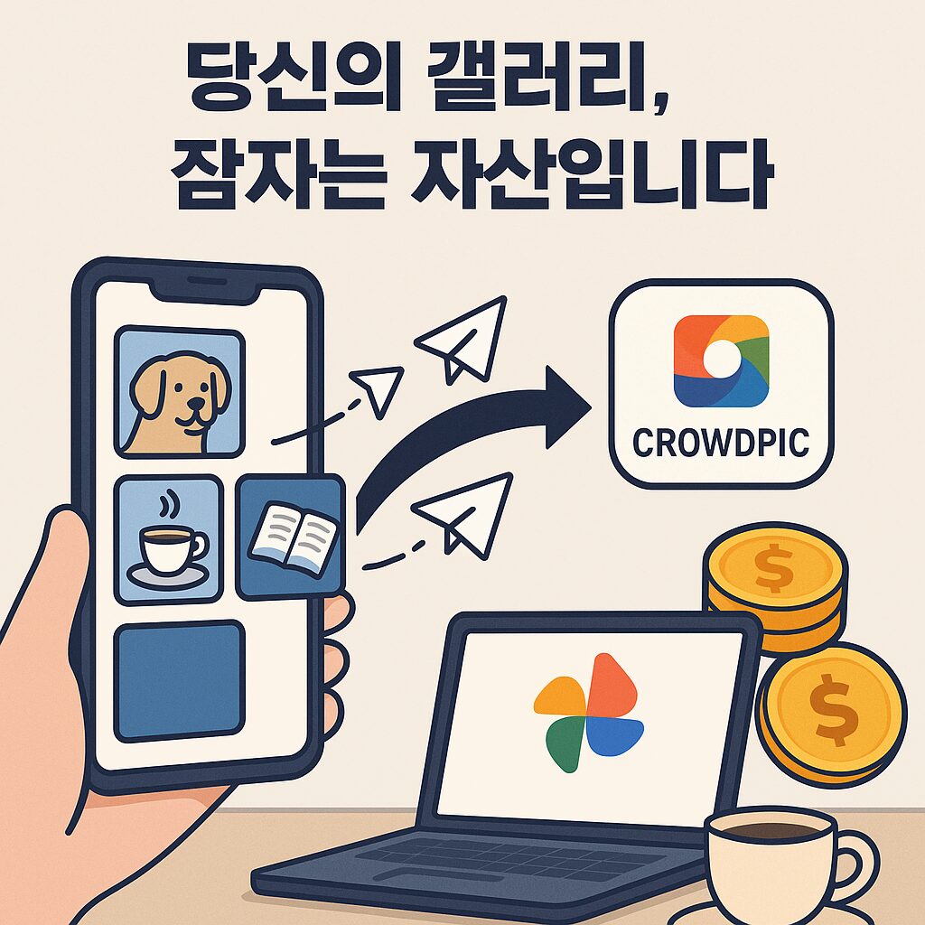 사진으로 돈벌기: 스마트폰 갤러리의 평범한 사진들이 크라우드픽 로고를 거쳐 동전 아이콘으로 변하는 인포그래픽