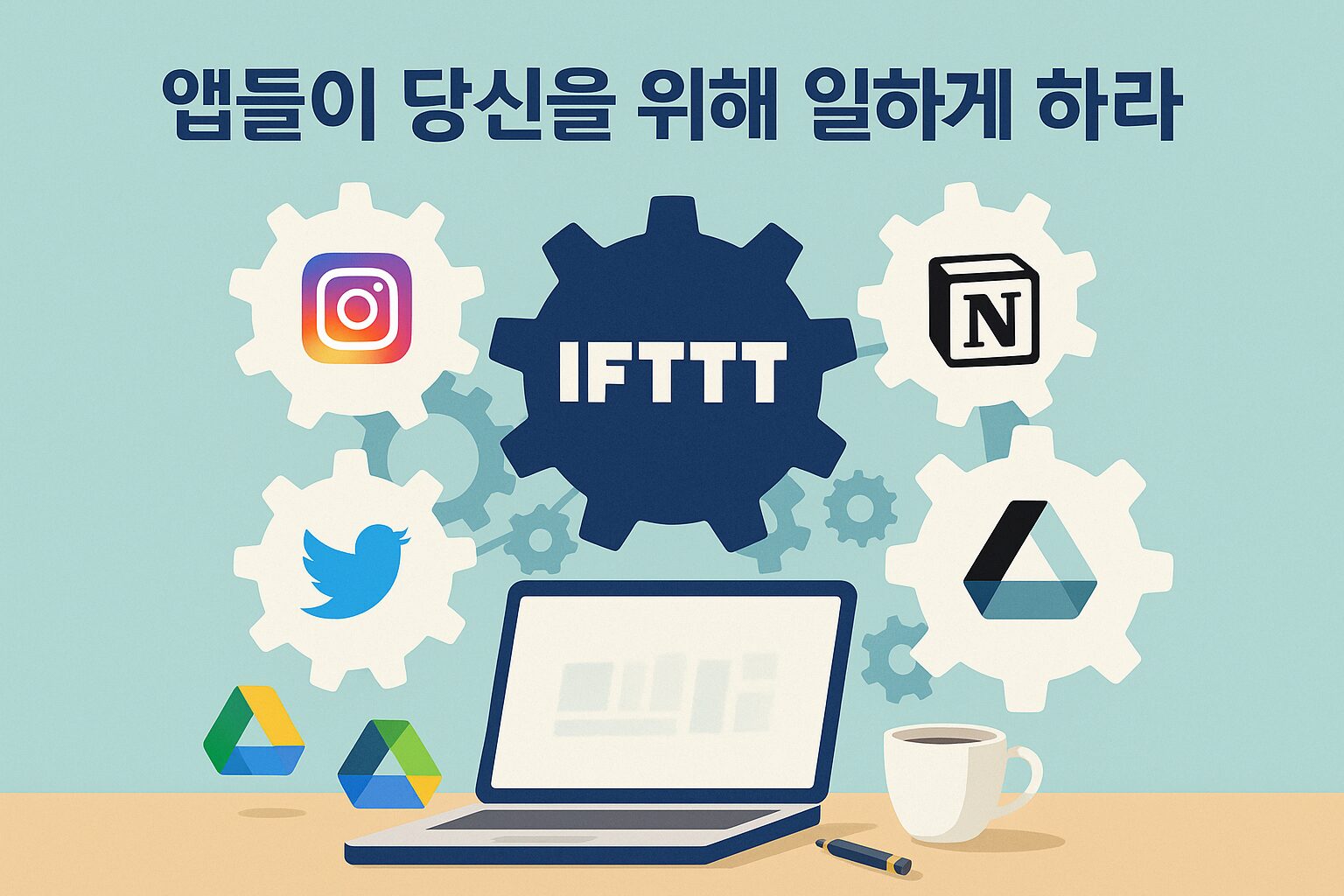 여러 앱(인스타그램, 구글 드라이브, 이메일) 로고들이 IFTTT 로고를 중심으로 연결되어 자동으로 작동하는 모습을 보여주는 인포그래픽