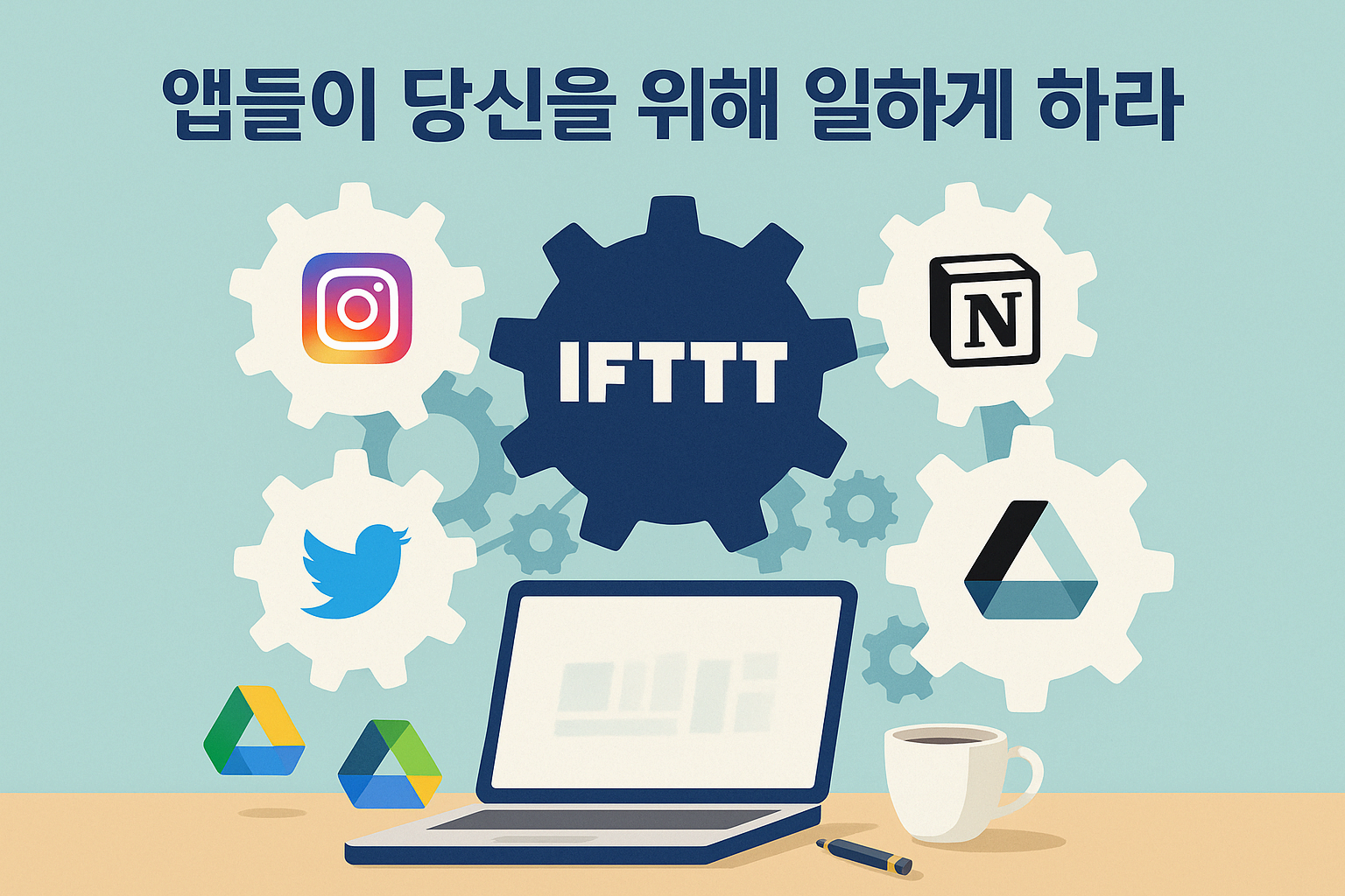 여러 앱(인스타그램, 구글 드라이브, 이메일) 로고들이 IFTTT 로고를 중심으로 연결되어 자동으로 작동하는 모습을 보여주는 인포그래픽