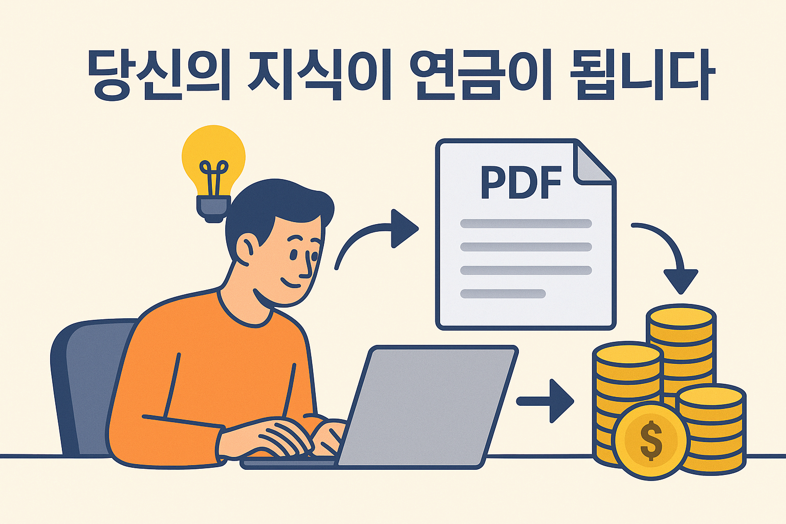 전자책 쓰는 법: 사람의 머리에서 나온 지식(전구 아이콘)이 PDF 문서 아이콘으로 변환된 후, 동전 아이콘(수익)으로 바뀌는 과정을 보여주는 인포그래픽