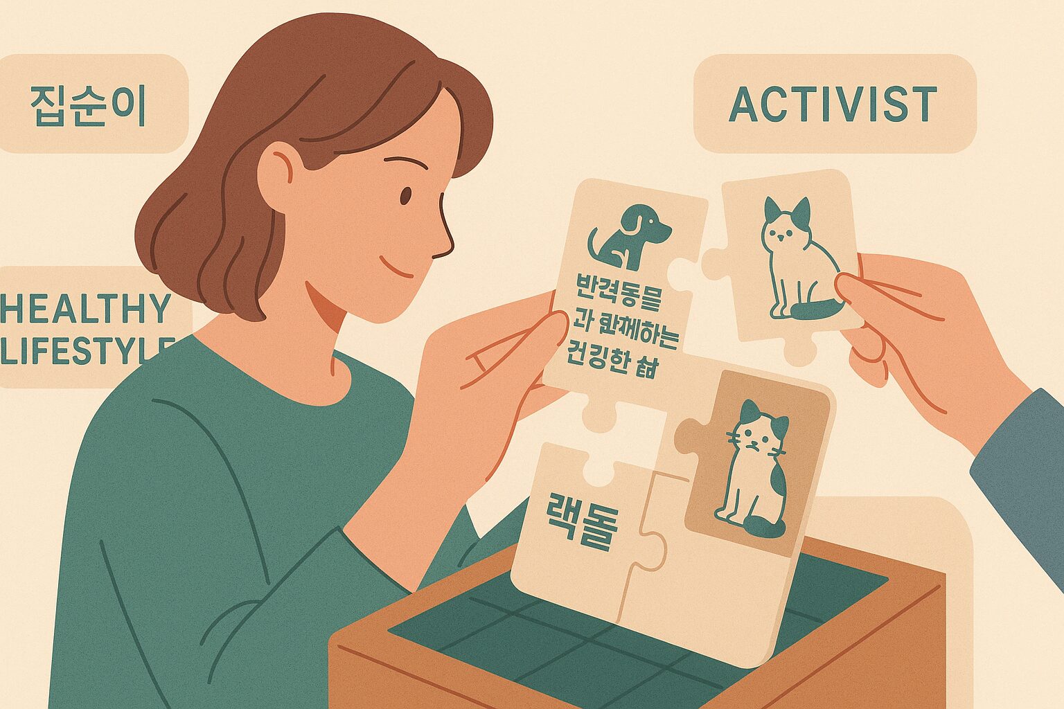 고양이 종류별 성격: 다양한 고양이 종류(스코티시 폴드, 랙돌, 코리안 숏헤어 등) 아이콘과 각 성격에 맞는 집사 라이프스타일 아이콘을 연결한 인포그래픽