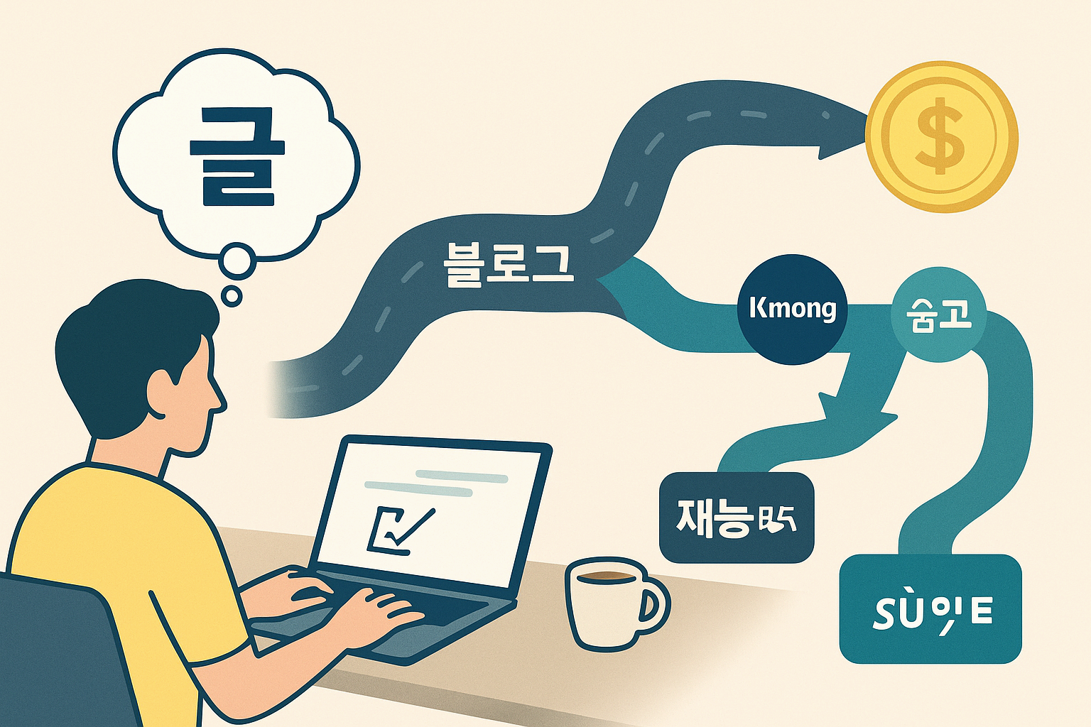 글쓰기로 돈 버는 법: 긴 줄이 늘어선 '블로그' 식당과, 바로 입장 가능한 '재능 마켓' 식당을 비교하는 인포그래픽