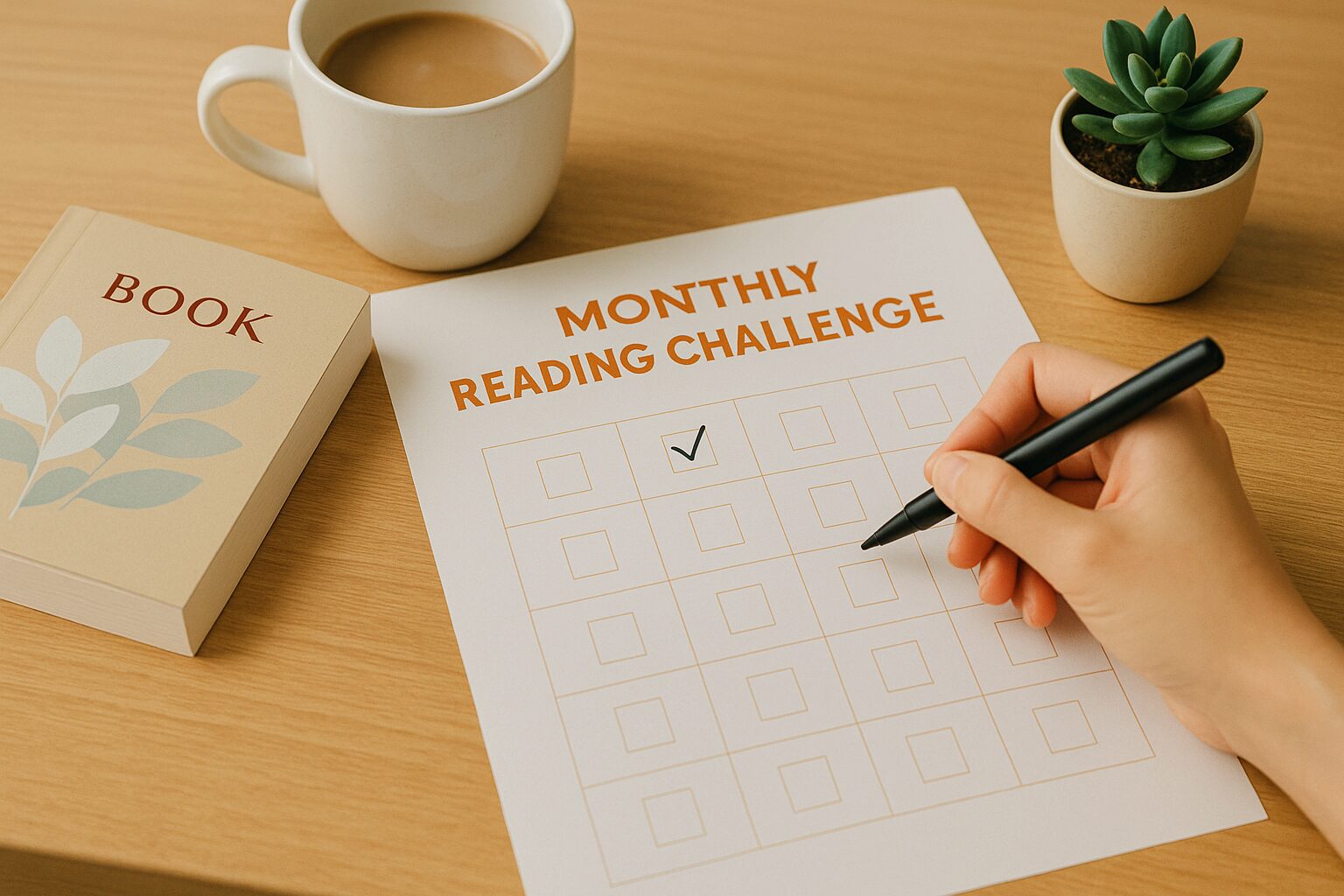 독서 챌린지: 목표를 달성하고 체크리스트에 표시하며 만족스러워하는 모습