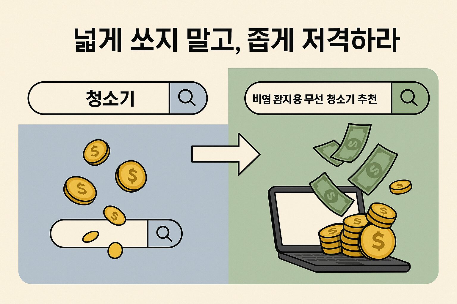 쿠팡 파트너스 수익 0원 탈출! 돈 버는 포스팅은 키워드부터 다릅니다 쿠팡 파트너스 수익: '노트북 추천' 같은 넓은 키워드가 작은 동전으로, '대학생 가성비 노트북 비교' 같은 뾰족한 키워드가 큰 지폐로 연결되는 인포그래픽