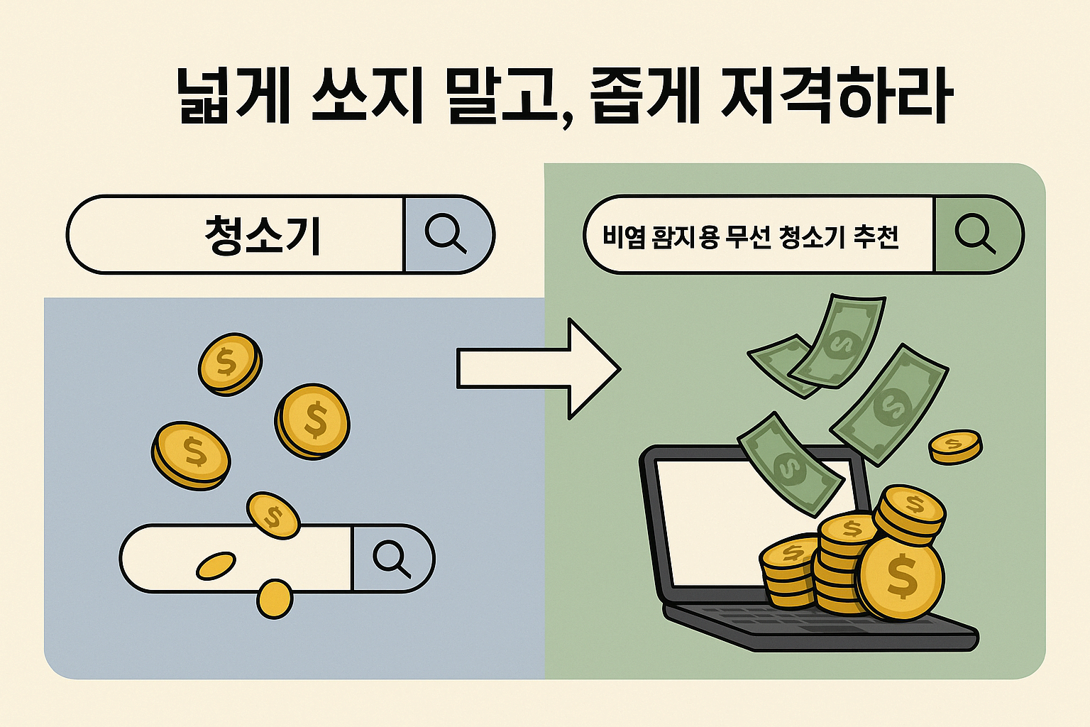 쿠팡 파트너스 수익: '노트북 추천' 같은 넓은 키워드가 작은 동전으로, '대학생 가성비 노트북 비교' 같은 뾰족한 키워드가 큰 지폐로 연결되는 인포그래픽