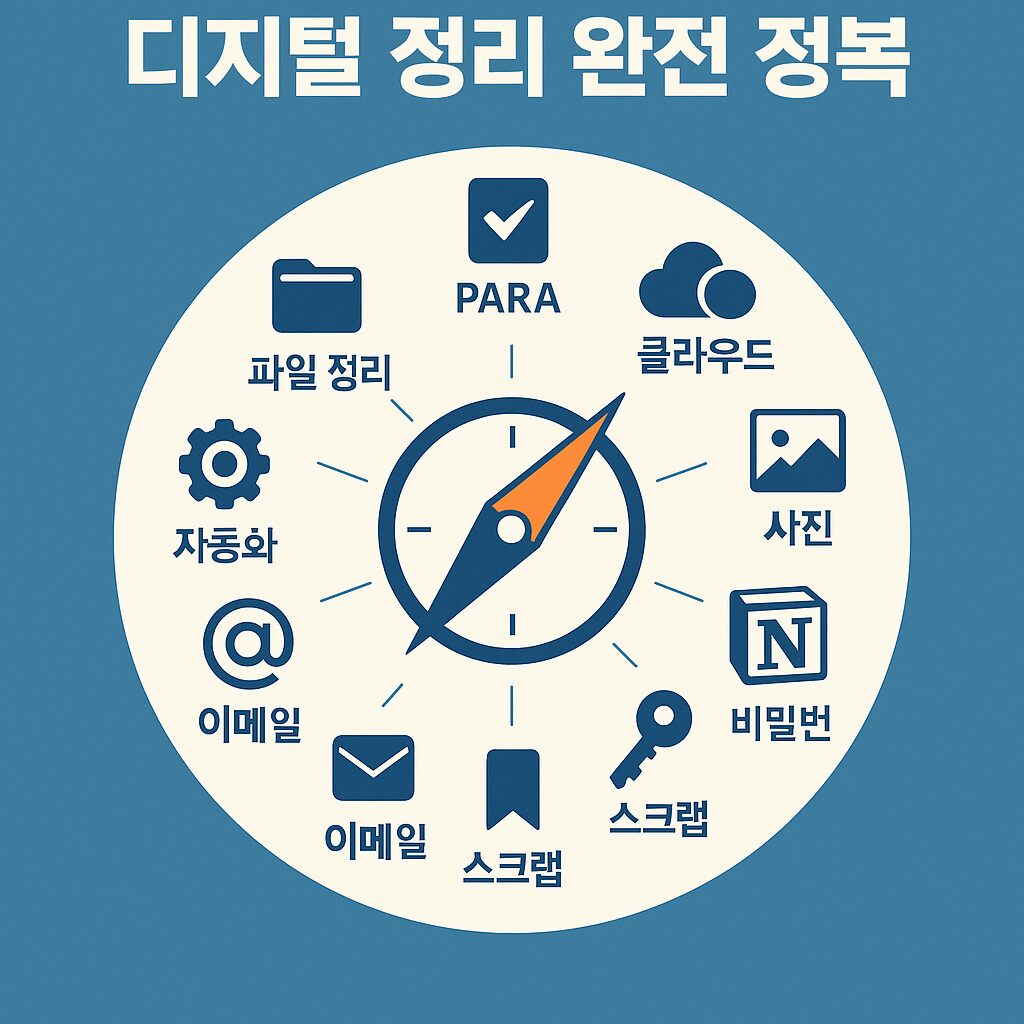 디지털 정리: 당신의 생산성을 200% 끌어올릴 10단계 완전 정복 가이드 중앙에 '디지털 정리 & 생산성' 타이틀을 두고, 10가지 시리즈 주제(파일 정리, PARA, 클라우드, 사진, 이메일 등) 아이콘이 길처럼 연결된 로드맵 인포그래픽