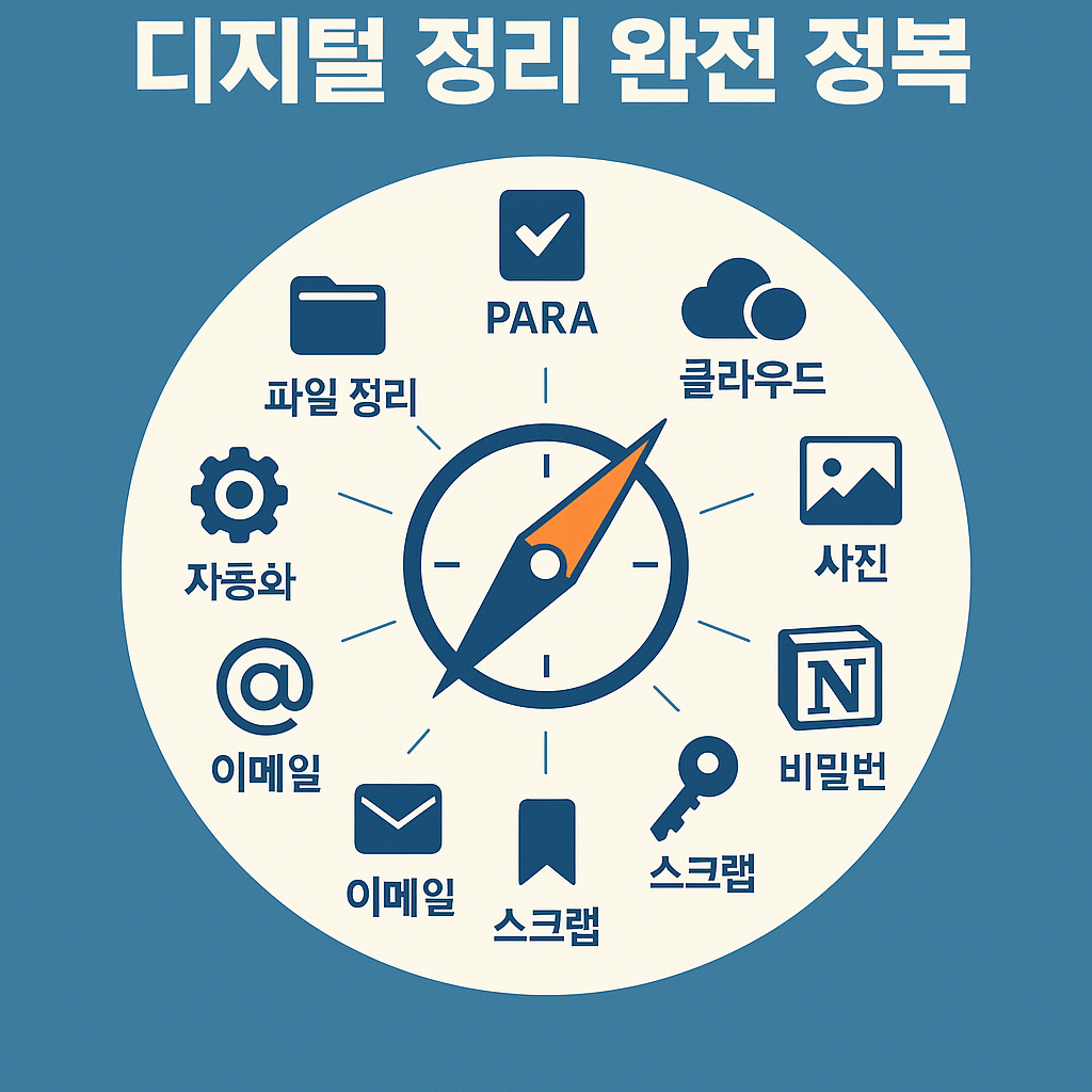 중앙에 '디지털 정리 & 생산성' 타이틀을 두고, 10가지 시리즈 주제(파일 정리, PARA, 클라우드, 사진, 이메일 등) 아이콘이 길처럼 연결된 로드맵 인포그래픽