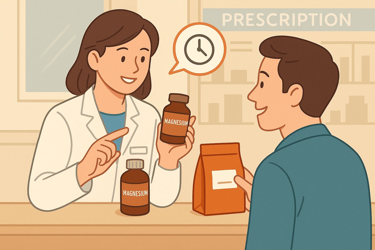 "영양제-의약품 상호작용 주의보: 마그네슘과 상극인 약 리스트 (항생제, 골다공증약 등)" 영양제-의약품 상호작용 위험 경고: 마그네슘 영양제 알약과 여러 종류의 처방약(항생제, 골다공증약 등) 알약들이 서로 충돌하며 위험(경고 삼각형) 표시가 뜨는 모습