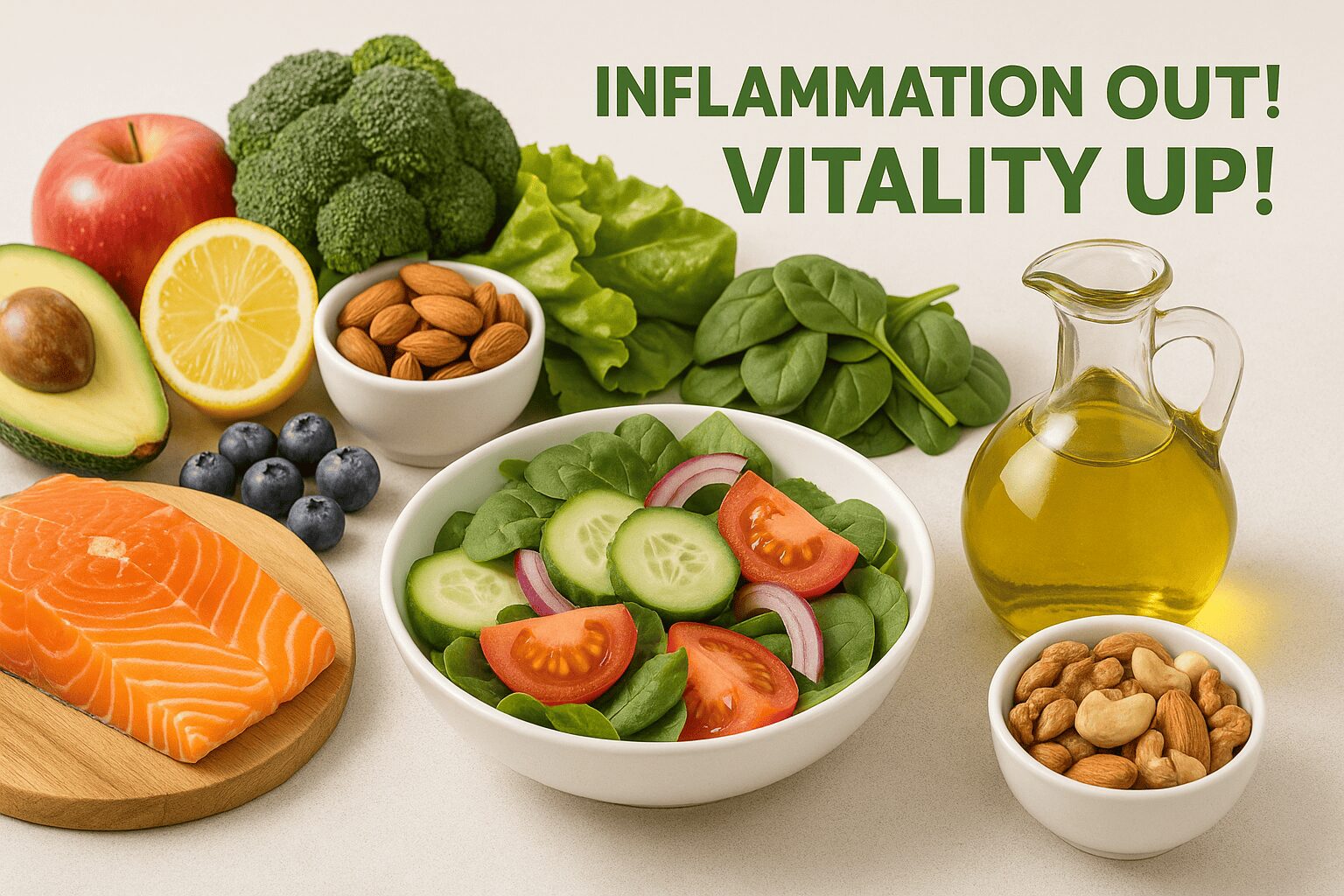 만성 염증 식단 효과: 몸속 염증(붉은 불씨)으로 인해 피곤해 보이는 사람과, 항염 효과가 있는 건강한 음식(채소, 과일, 생선 등)을 섭취하여 몸속 염증이 줄어들고 활기차 보이는 사람 모습 비교