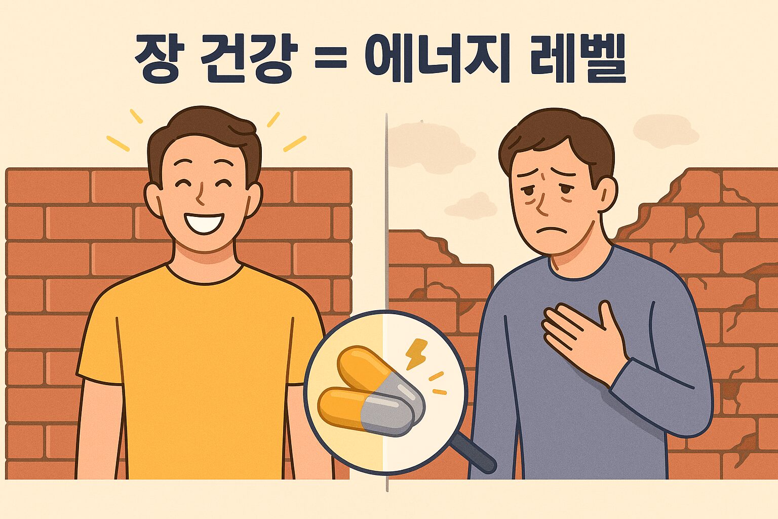 장 누수 증후군 메커니즘: 건강한 장 점막(벽돌처럼 촘촘함)과 손상되어 틈이 벌어진 장 점막(벽돌 사이가 벌어짐) 비교. 손상된 점막 틈으로 독소, 세균, 미소화 음식물 입자가 혈류로 유입되어 염증 반응(붉은색 표시)을 일으키는 모습.