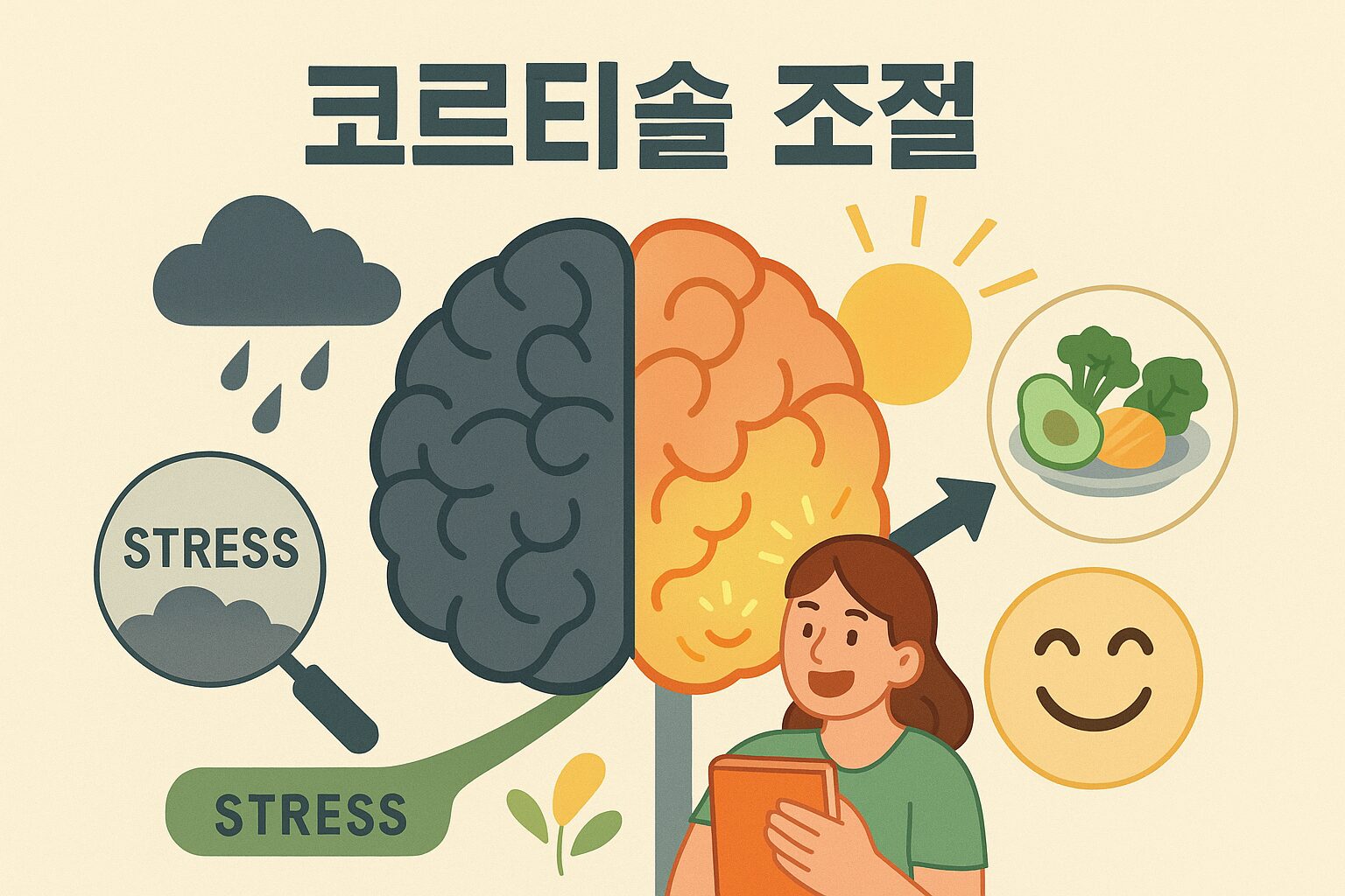 코르티솔 낮추는 법: "왜 나만 피곤할까?" 생각했다면 당장 '이것'부터 바꾸세요 스트레스 호르몬 '코르티솔' 낮추는 법: 스트레스로 인해 회색빛으로 변한 뇌가 아침 햇살, 건강한 음식, 웃음을 통해 다시 활기찬 색으로 채워지는 모습