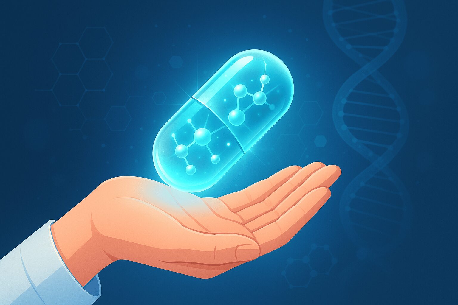 차세대 영양 성분: 미래적인 실험실 배경에서 연구원이 혁신적인 영양 성분(분자 구조 형태)을 분석하고 있다. 주변에는 노화 지연, 면역력 강화, 에너지 증진 아이콘이 빛나고 있다.