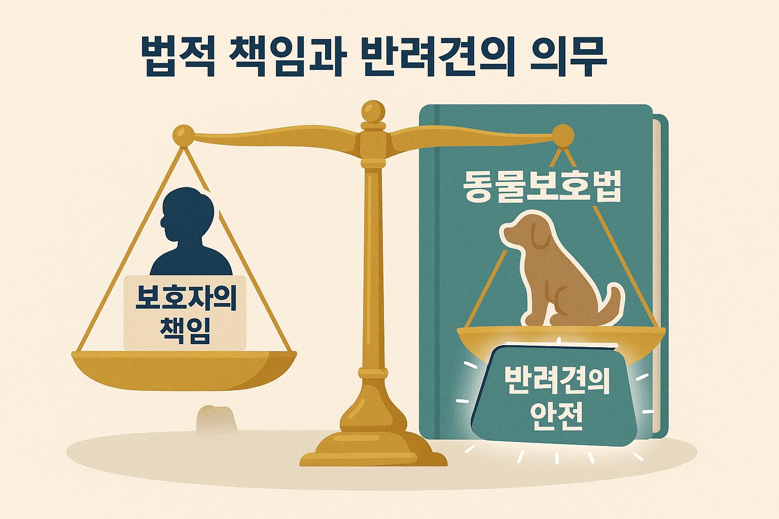 반려동물 법률 상식: 우리 강아지가 사람을 물었다면? (보호자 대처법) 반려동물 법률 상식: 보호자가 '동물보호법'이라고 적힌 법전을 펼쳐보며, 강아지 입마개와 목줄의 중요성을 확인하는 인포그래픽