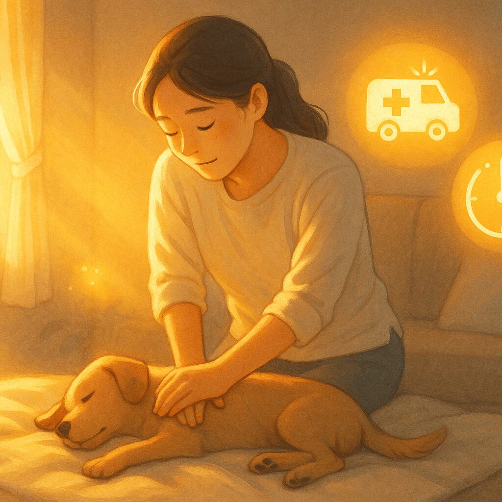 반려동물 심폐소생술(CPR): 보호자가 쓰러진 강아지(또는 고양이)의 가슴 중앙을 양손으로 압박하는 모습. 옆에는 인공호흡을 준비하는 다른 손과 초시계(4분 표시)가 보인다.