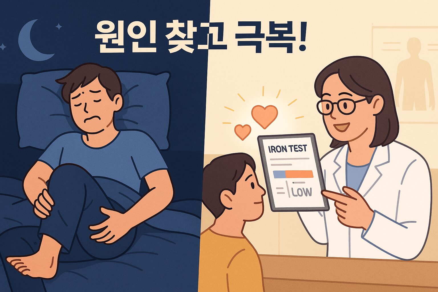 하지불안 증후군 증상: 한 사람이 밤에 침대에 누워 다리를 주무르며 괴로워하고 있다. 다리 주변에 벌레가 기어가거나 저릿저릿한 느낌을 나타내는 시각 효과가 보인다.