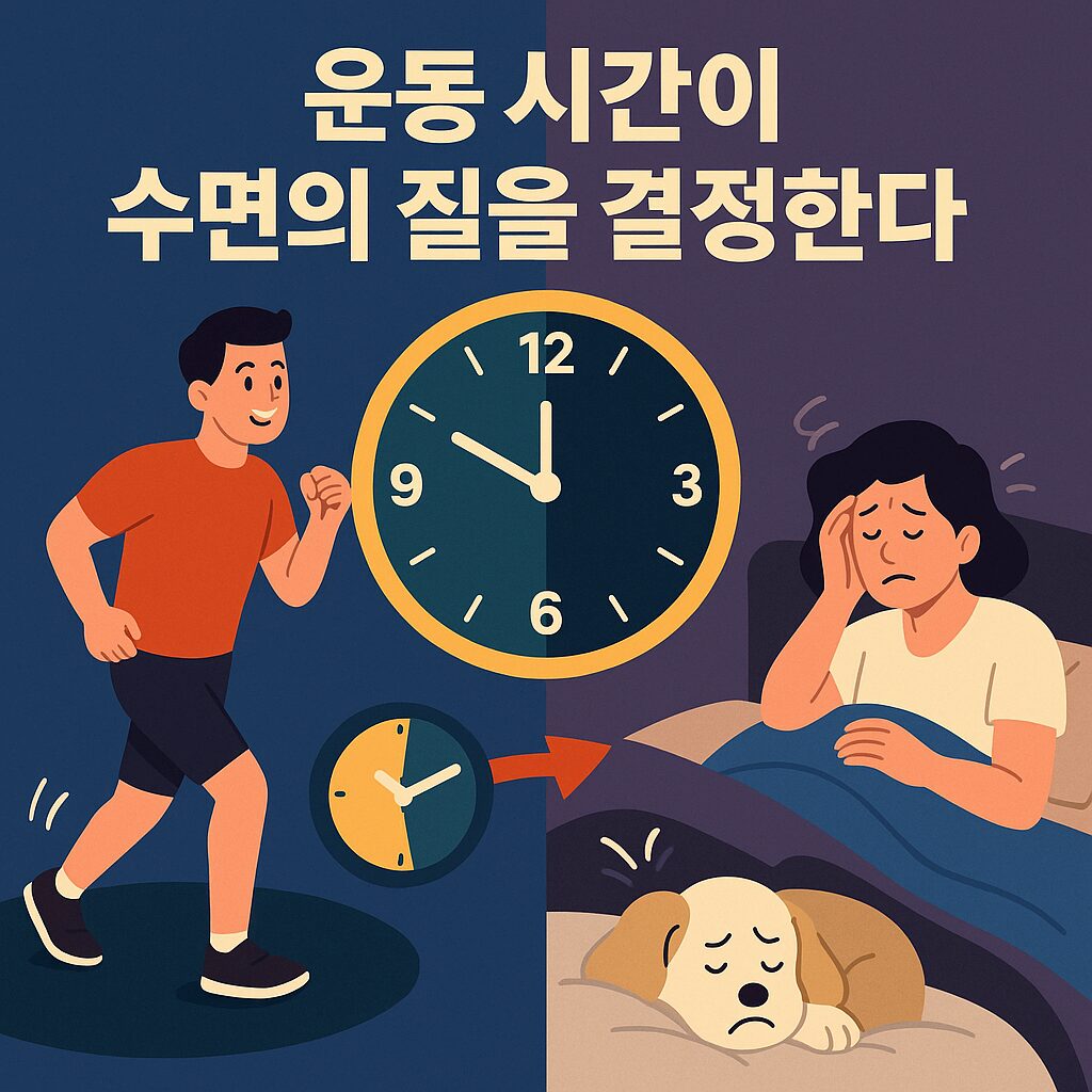 불면증과 운동 시간: 시계 바늘이 밤 9시를 넘어가자 러닝머신 위에서 운동하던 사람이 침대에서 뒤척이는 모습으로 바뀌는 인포그래픽