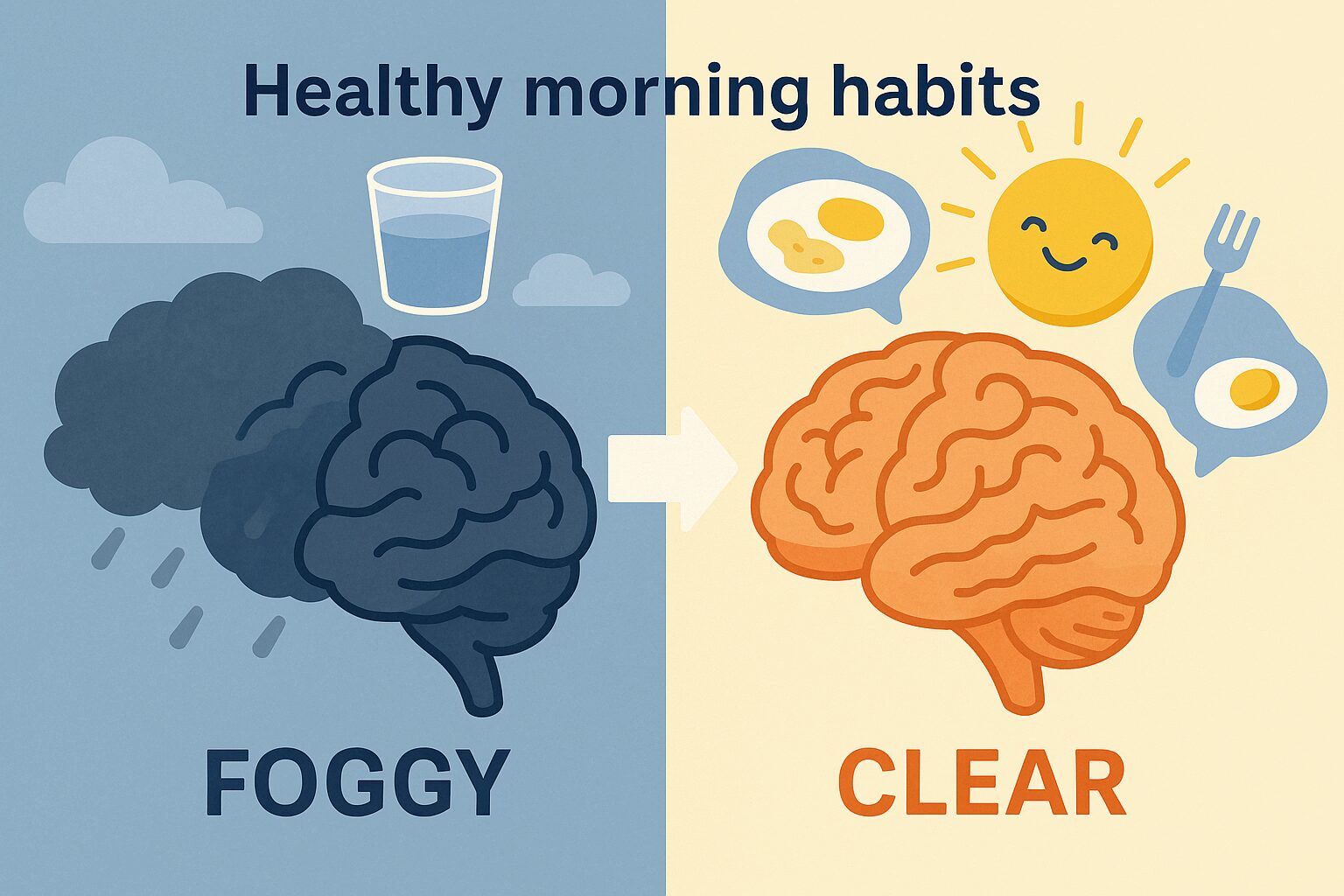 브레인 포그: 점심만 먹으면 머리가 멍해지는 당신, 문제는 '아침'입니다 '브레인 포그' 없애는 법: 안개가 자욱한 뇌의 절반이, 건강한 아침 습관(물, 햇살, 아침식사 등)을 통해 맑고 쨍한 뇌로 바뀌는 모습을 시각화한 인포그래픽