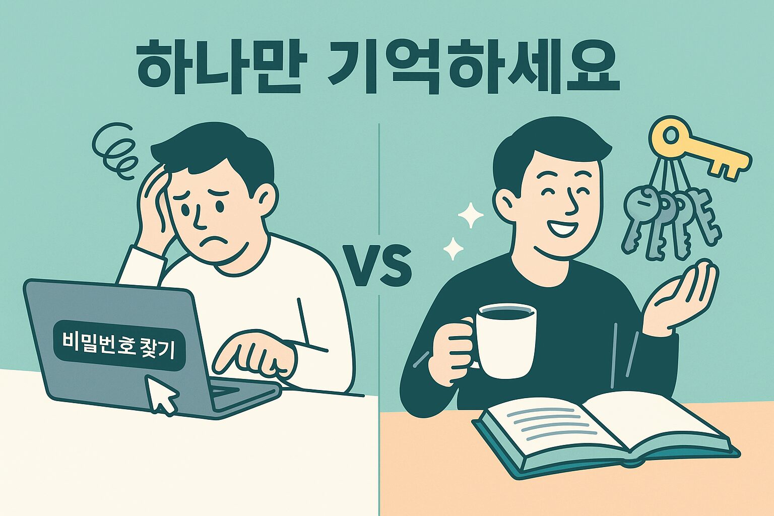 비밀번호 관리 어플, 아직도 안 쓰세요? (당신의 계정은 이미 털렸을지 모릅니다) 머릿속에서 여러 개의 복잡한 비밀번호들이 튀어나와 혼란스러워하는 모습과, 단 하나의 열쇠로 견고한 금고를 여는 모습을 대비시킨 인포그래픽