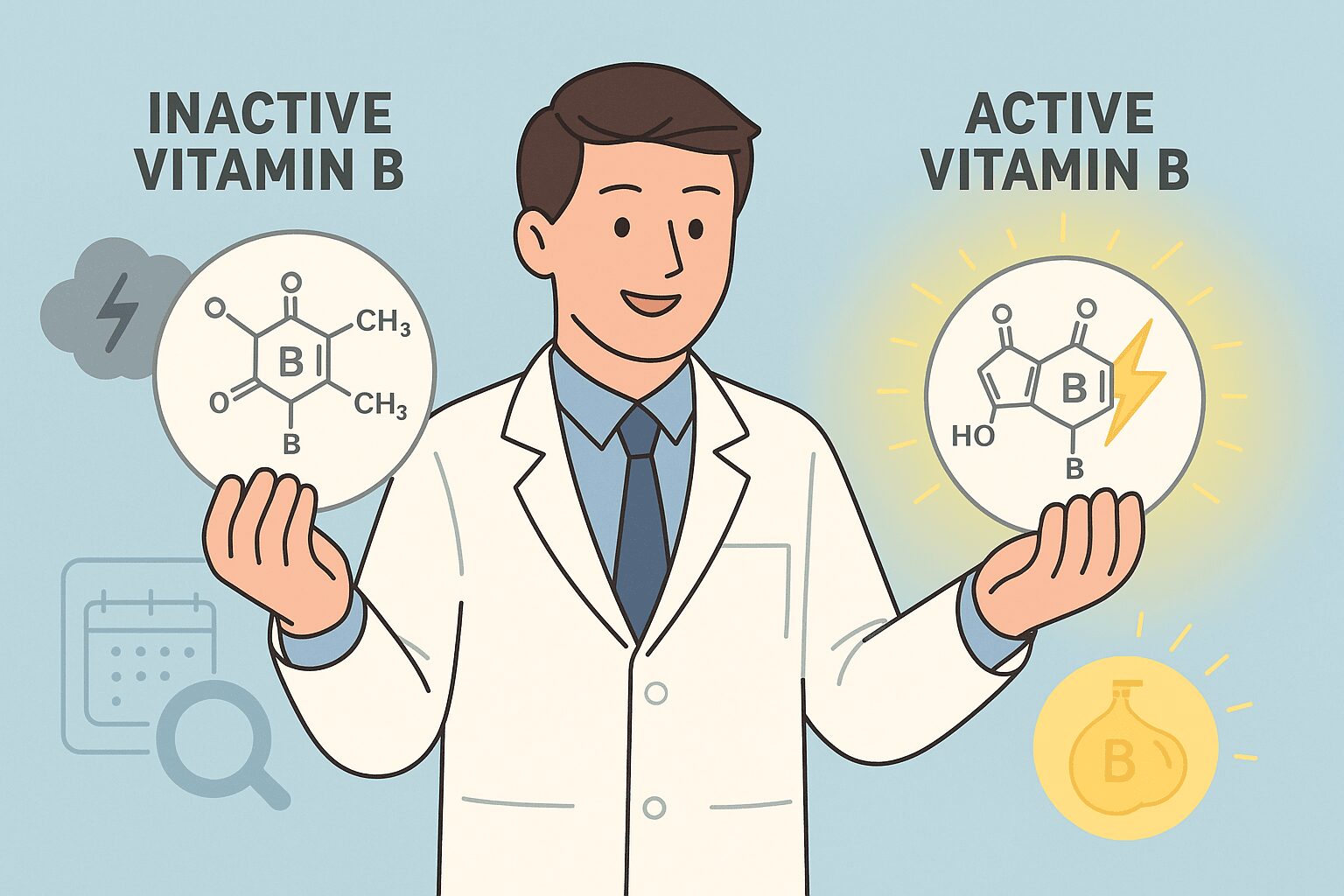 활성형 비타민 B 흡수율 비교: 비활성형 비타민 B 알약이 체내에서 잘 흡수되지 못하고 일부만 통과하는 모습과, 활성형 비타민 B 알약이 체내에서 훨씬 더 많이 흡수되어 에너지(번개 모양)를 생성하는 모습 비교
