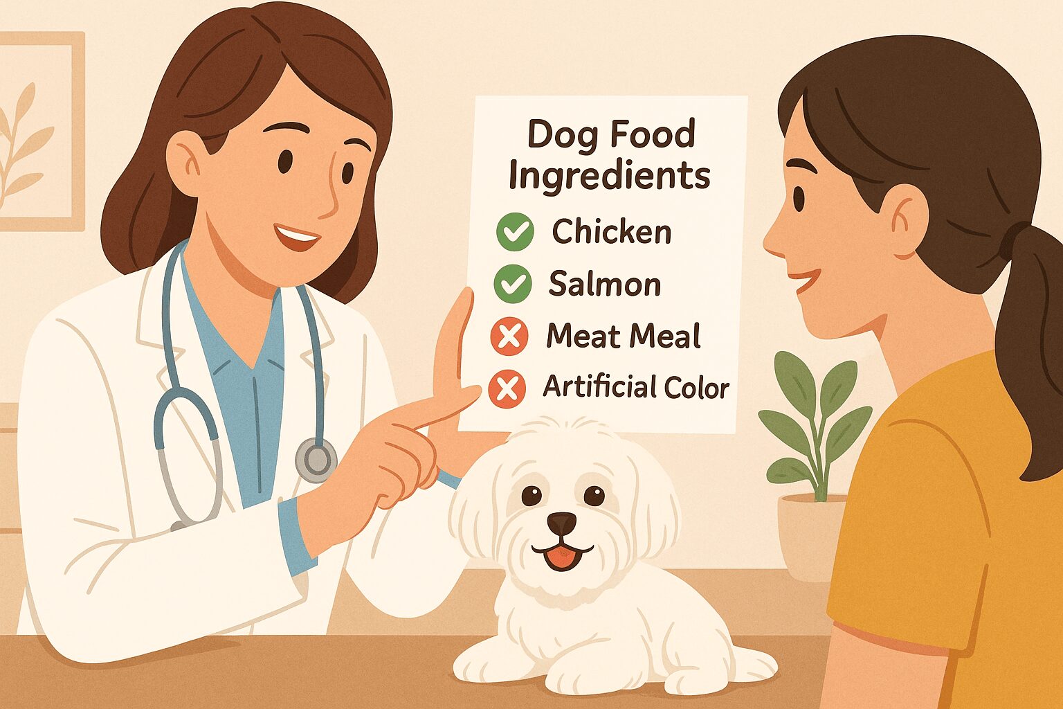 강아지 사료 등급의 진실: 여러 종류의 강아지 사료 포장지(홀리스틱, 유기농 등급 표시) 앞에서 보호자가 성분표를 돋보기로 꼼꼼히 살펴보며 고민하고 있다.