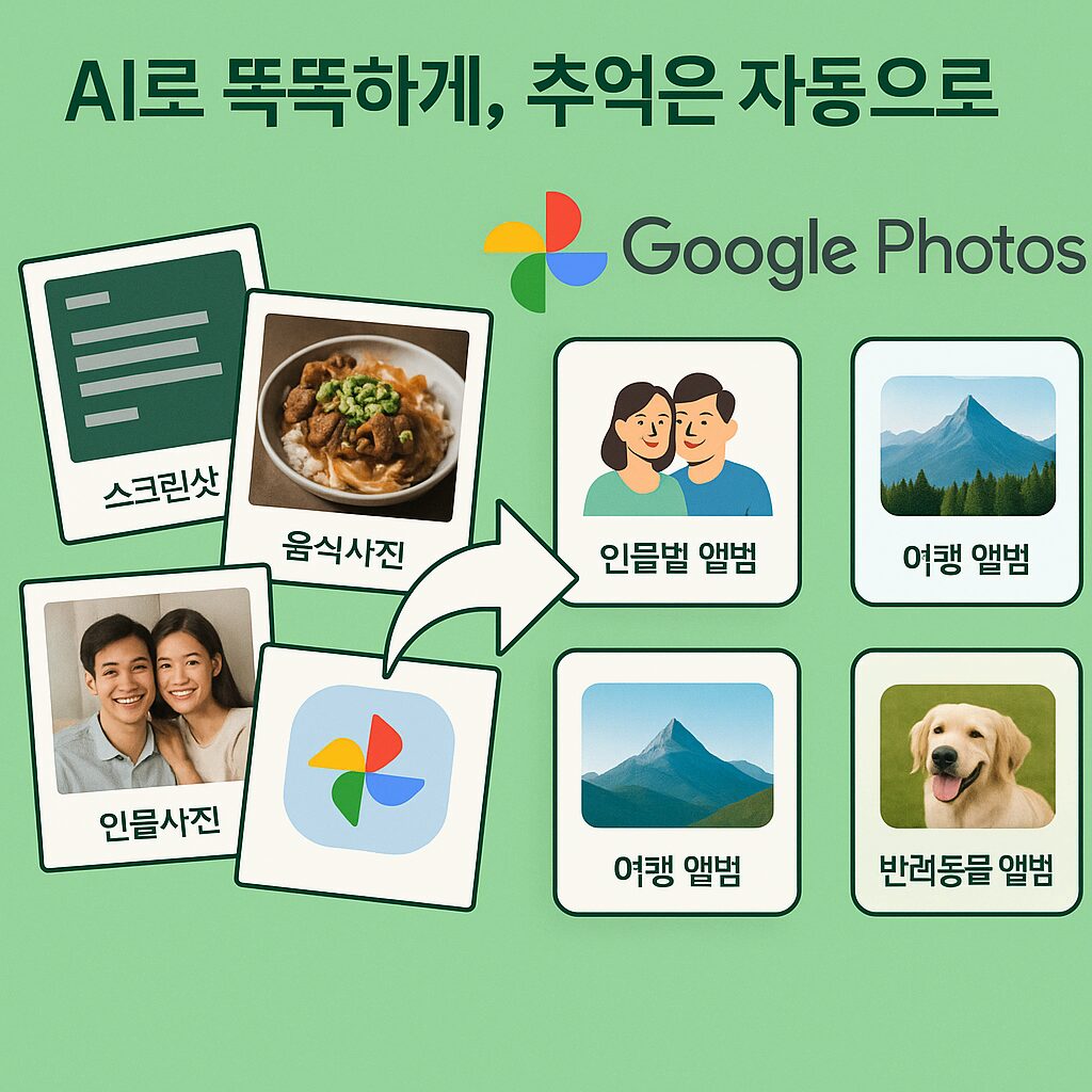 구글 포토 앨범, 이 '자동화' 기능 모르면 100% 손해입니다 뒤죽박죽 섞인 여러 사진들이 구글 포토 앨범 기능으로 사람, 장소, 날짜별로 깔끔하게 자동 정리되는 과정을 보여주는 인포그래픽