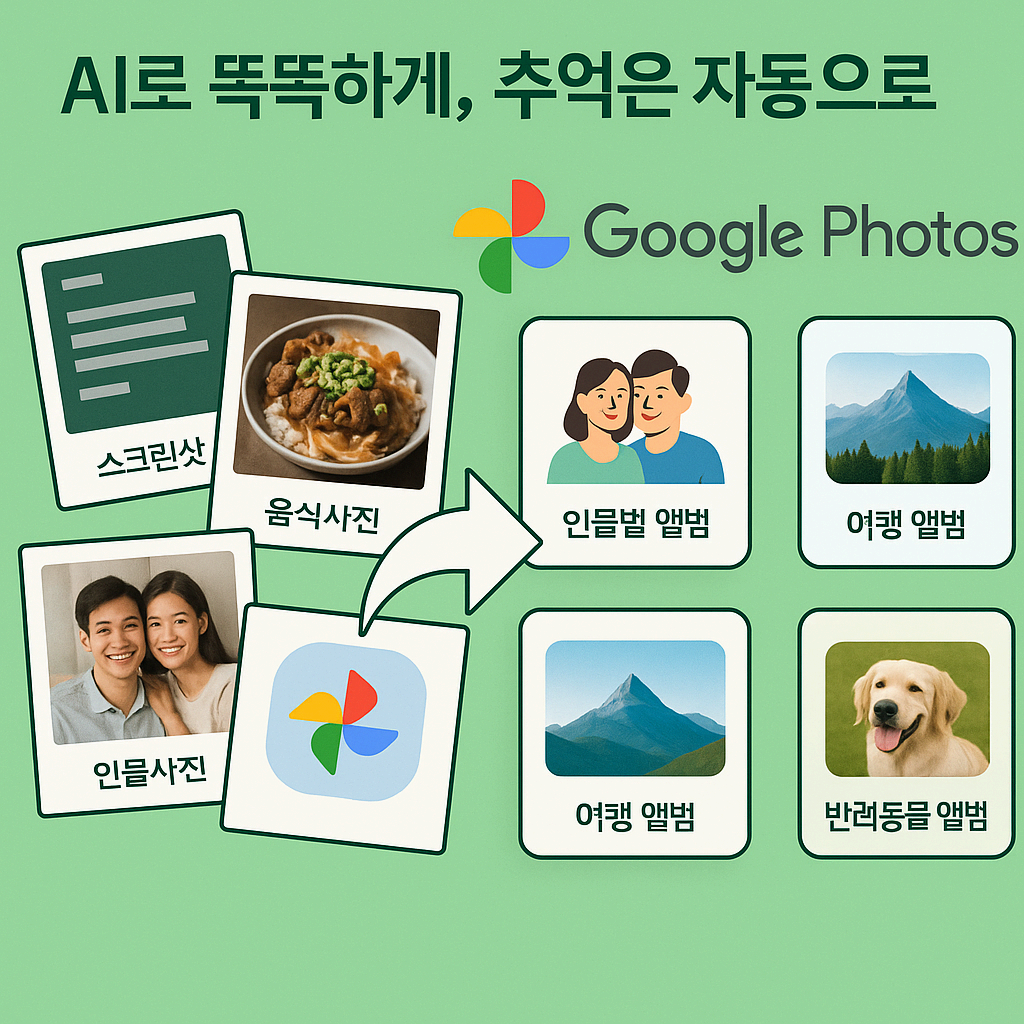뒤죽박죽 섞인 여러 사진들이 구글 포토 앨범 기능으로 사람, 장소, 날짜별로 깔끔하게 자동 정리되는 과정을 보여주는 인포그래픽