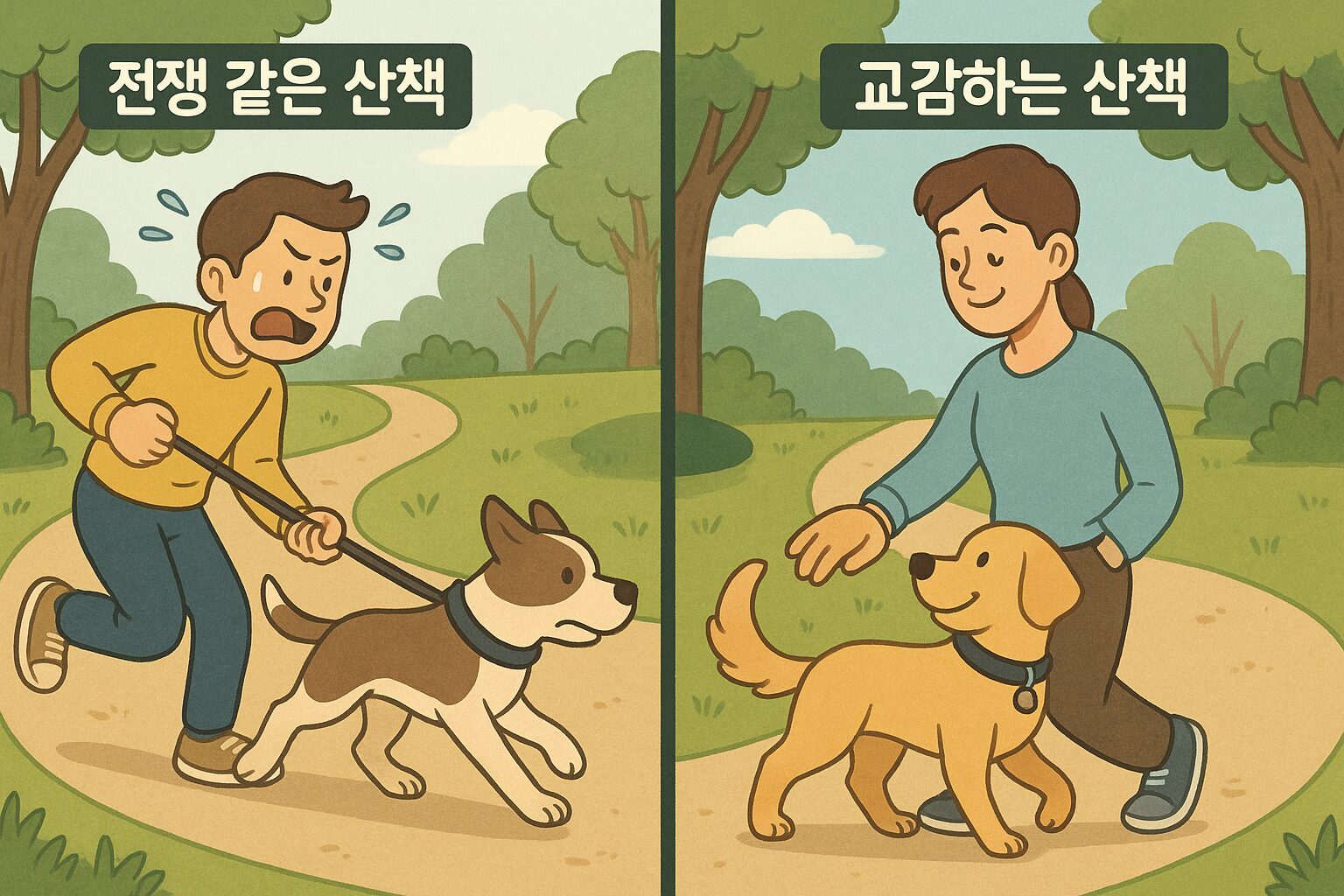 '강아지 산책 훈련' 성공 전후: 한쪽은 강아지에게 끌려다니며 힘들어하는 보호자, 다른 쪽은 '리드줄 훈련'에 성공하여 강아지와 나란히 여유롭게 산책하는 보호자의 모습