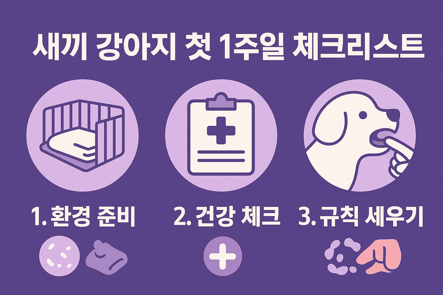 새끼 강아지 첫 1주일 체크리스트 인포그래픽 (환경, 건강, 규칙)