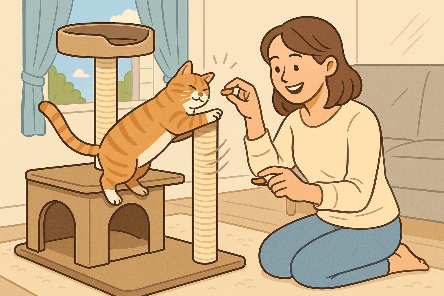 고양이 스크래처 훈련법: 고양이가 소파를 긁어 망가진 모습과, 보호자가 캣닢 등으로 유도하여 고양이가 스크래처를 신나게 긁고 있는 모습이 대비된다.