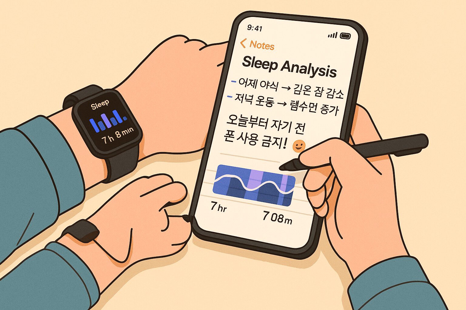 수면 데이터 활용: 스마트 워치 화면에 표시된 수면 단계 그래프(깊은 잠, 얕은 잠, 렘수면)와 수면 점수를 사용자가 확인하고 있다. 배경에는 스마트폰 수면 분석 어플 화면이 보인다.