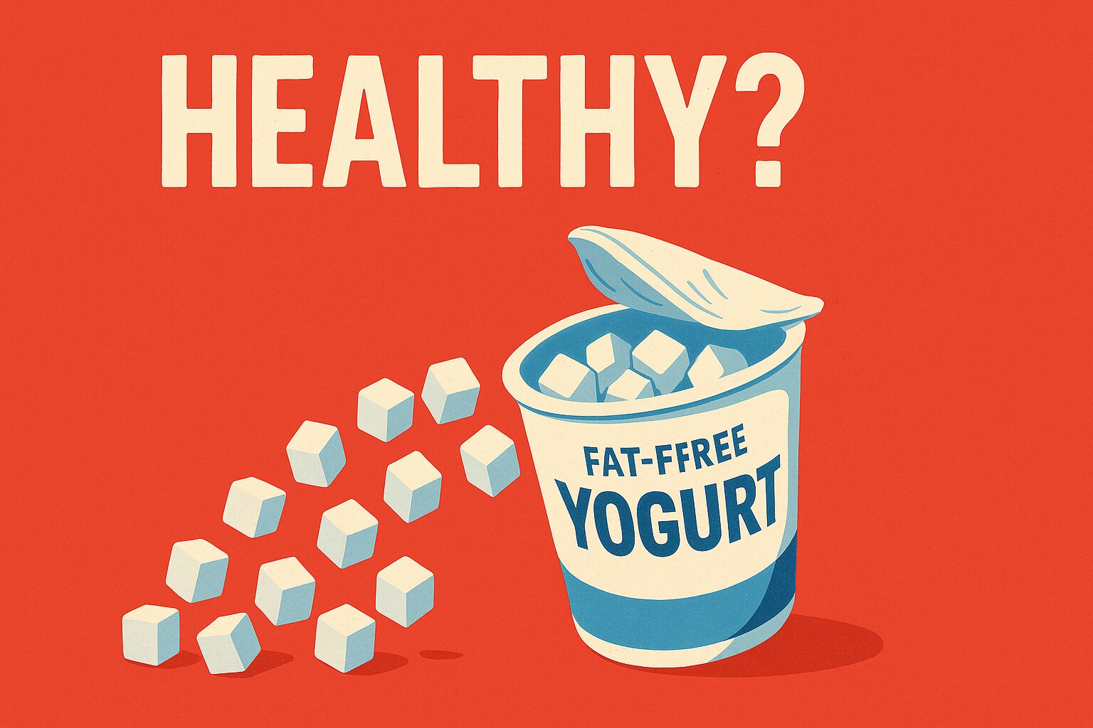 숨은 설탕: 건강식인 줄 알았는데... 당신을 살찌게 하는 배신자 음식 5가지 '숨은 설탕' 폭탄 식품: 건강식으로 위장한 요거트, 시리얼, 과일주스 등에서 설탕이 쏟아져 나오는 모습을 시각화한 이미지