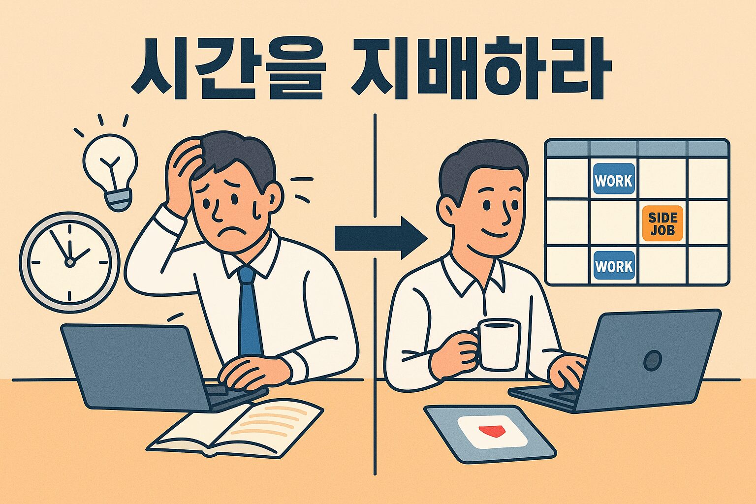 직장인 시간 관리: 균형 잡힌 저울의 한쪽에는 '본업(회사 건물 아이콘)'이, 다른 한쪽에는 '부업(노트북 아이콘)'이 안정적으로 놓여 있는 인포그래픽