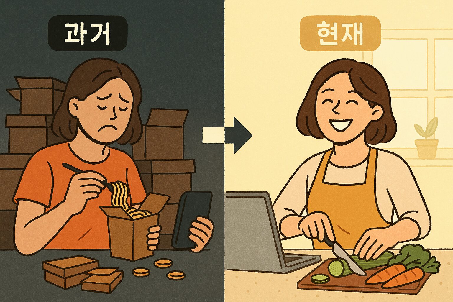 식비 절약 전후 비교: 배달 음식으로 가득 찬 냉장고와 건강한 식재료로 채워진 냉장고를 극적으로 대비시킨 인포그래픽