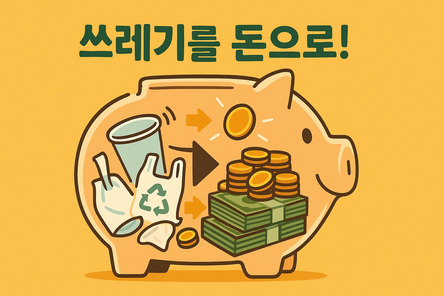'제로웨이스트'로 절약: 쓰레기로 가득 찬 종량제 봉투가 동전과 지폐 더미로 바뀌는 모습을 시각적으로 표현한 인포그래픽