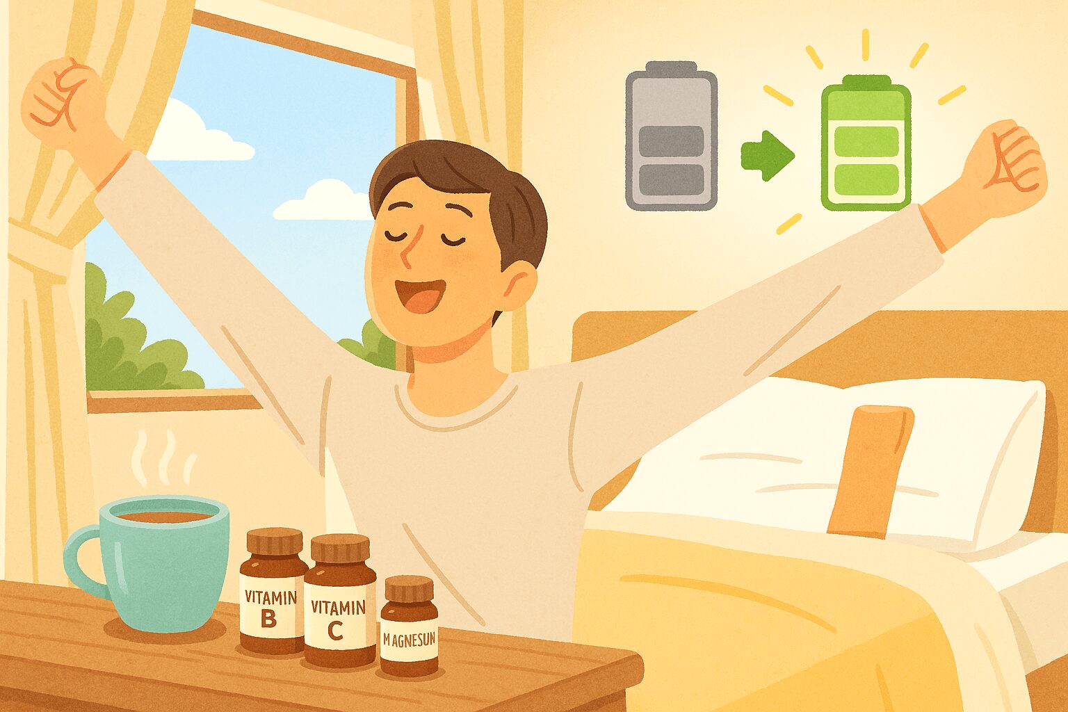 부신 피로 증후군: 한 사람이 아침 알람 시계가 울리는데도 침대에서 일어나지 못하고 괴로워하며 이불을 뒤집어쓰고 있다. 창밖은 밝지만 방 안은 어둡고 무기력한 분위기.