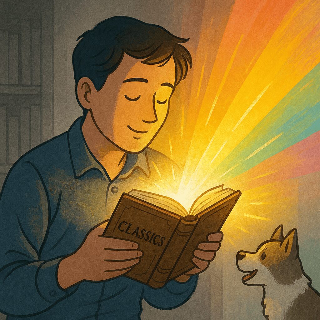 고전 문학 다시 읽기: 한 어른이 '데미안'과 같은 고전 문학 책을 읽으며, 흑백이었던 자신의 세계가 다채로운 색으로 채워지는 경험을 하는 모습