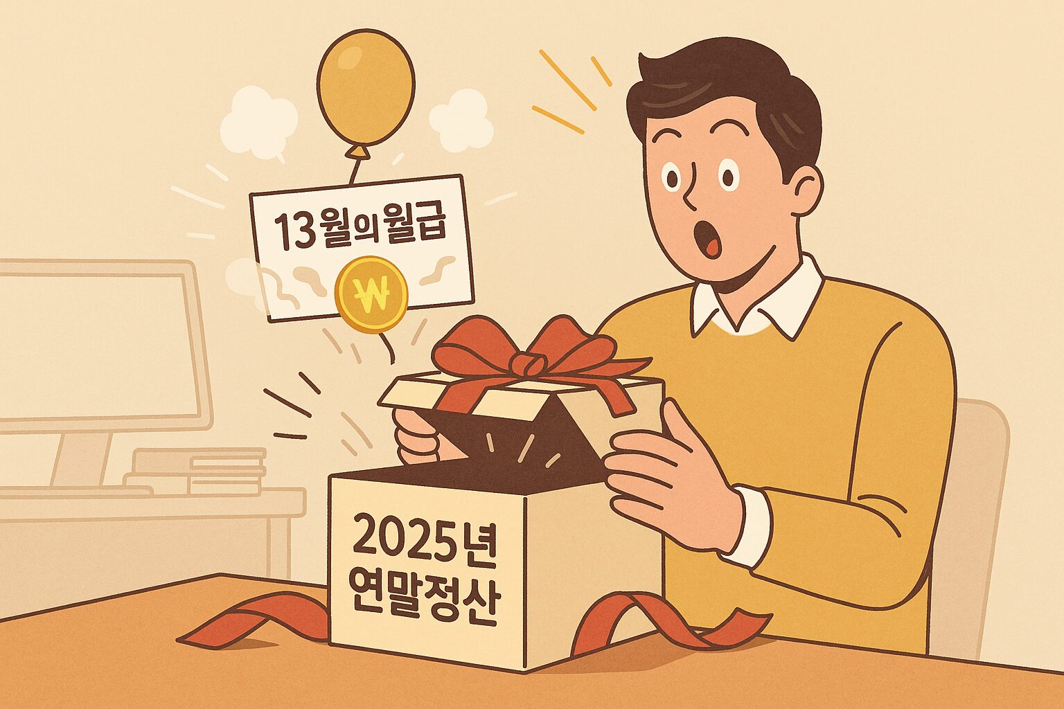 '연말정산'으로 환급받기: '13월의 월급'이라고 적힌 보너스 봉투가 서류 한 장으로 인해 2배로 두꺼워지는 모습을 보여주는 인포그래픽