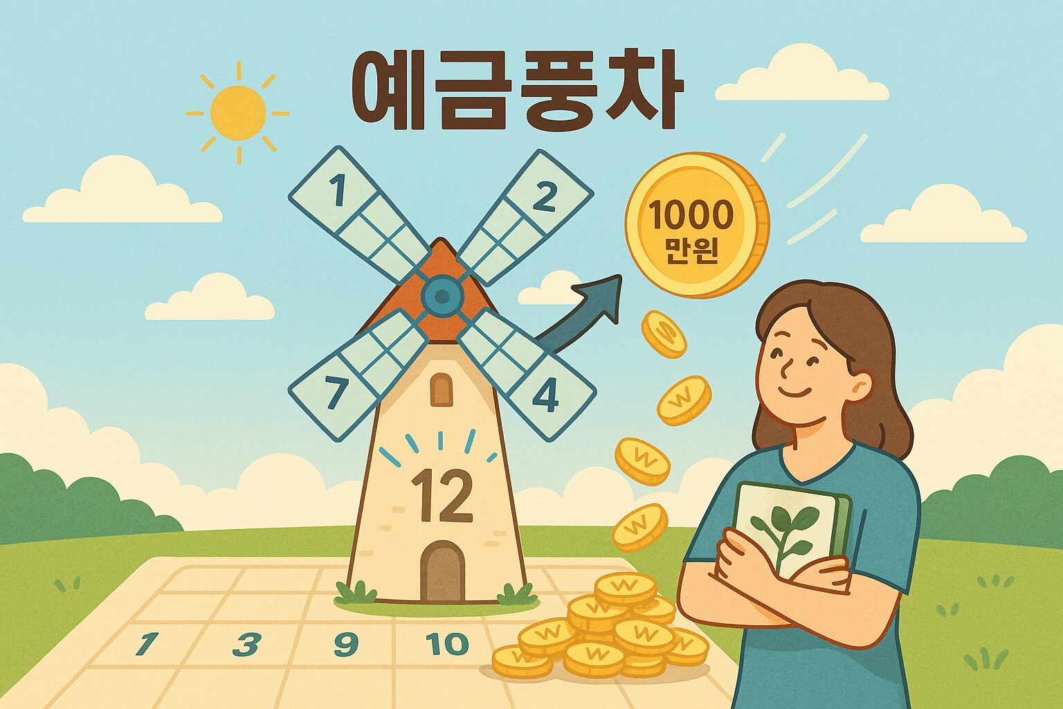 '예금풍차 돌리기': 12개의 통장이 풍차 날개처럼 돌아가며 '1000만원'이라는 목표를 향해 돈을 쌓아 올리는 인포그래픽