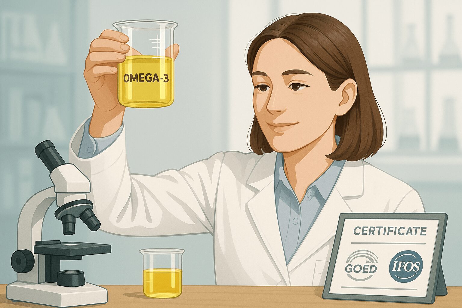 오메가3 원료사 비교: 여러 오메가3 영양제 병들이 놓여 있고, 돋보기로 각 병에 표기된 다른 원료사 로고(DSM, KD Pharma 등)를 자세히 살펴보는 모습. 품질 차이를 시각적으로 암시.