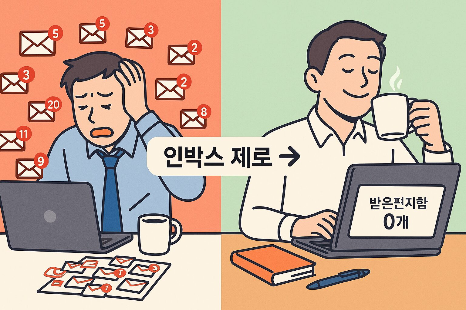 이메일 정리의 종착역, '인박스 제로'로 칼퇴하는 5단계 비법 효율적인 이메일 정리를 위해 인박스 제로(Inbox Zero) 원칙을 활용하여 받은 편지함 0개를 달성하는 방법을 설명하는 인포그래픽