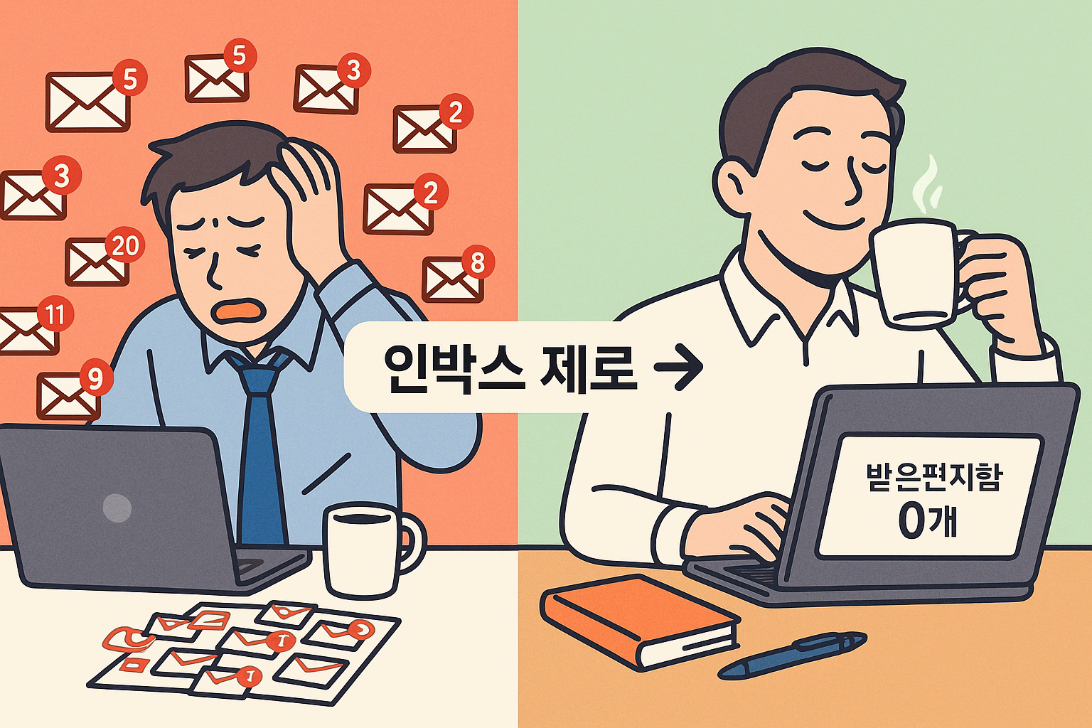 효율적인 이메일 정리를 위해 인박스 제로(Inbox Zero) 원칙을 활용하여 받은 편지함 0개를 달성하는 방법을 설명하는 인포그래픽