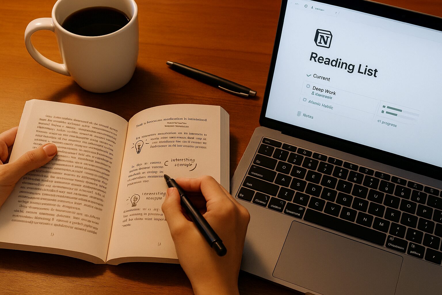 메모 독서법: 읽고 나면 잊어버리는 당신을 위한 3단계 솔루션 메모 독서법: 노션 템플릿을 활용해 책 내용을 정리하는 모습