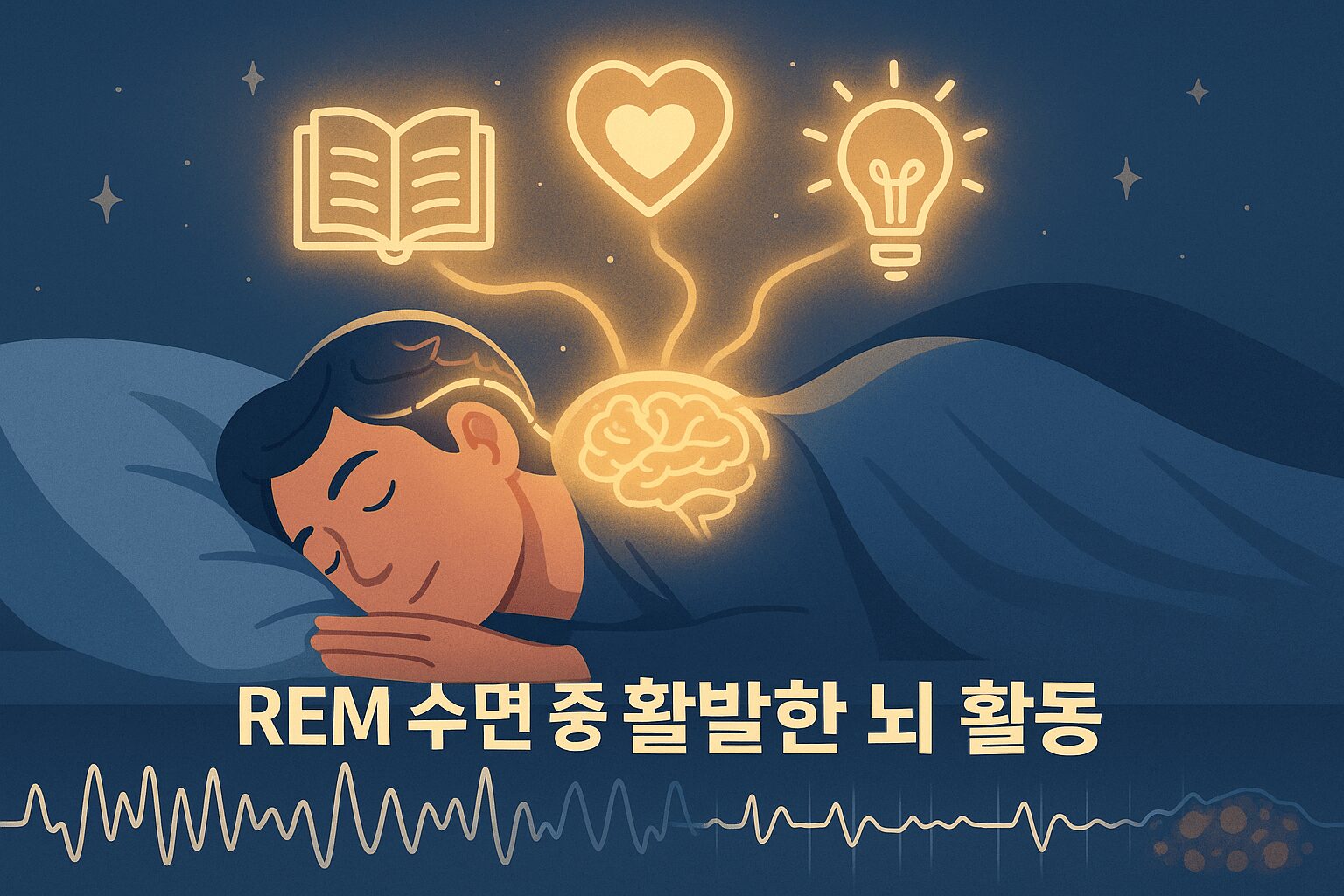 렘수면 부족 신호: 한 사람이 침대에서 막 일어났지만 여전히 피곤하고 멍한 표정(머리 위에 안개 아이콘)으로 앉아있다. 창밖은 밝은 아침이지만, 밤새 꾼 악몽이나 뒤척인 듯한 모습이 암시된다.