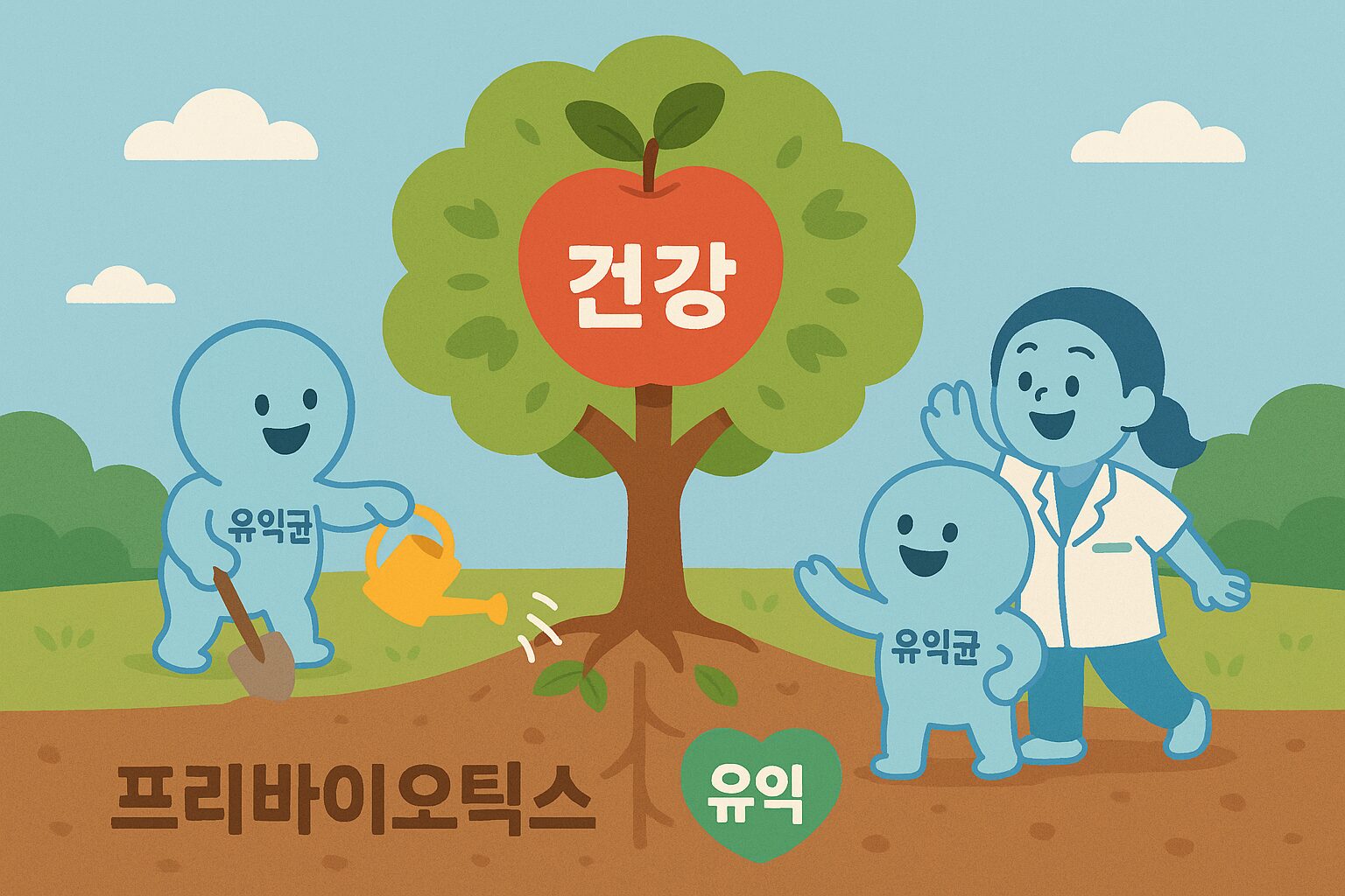 장 건강의 핵심 원리: '프리바이오틱스'라는 비옥한 토양(음식) 위에서 '프로바이오틱스'라는 유익균들이 무럭무럭 자라나는 모습을 시각화한 인포그래픽