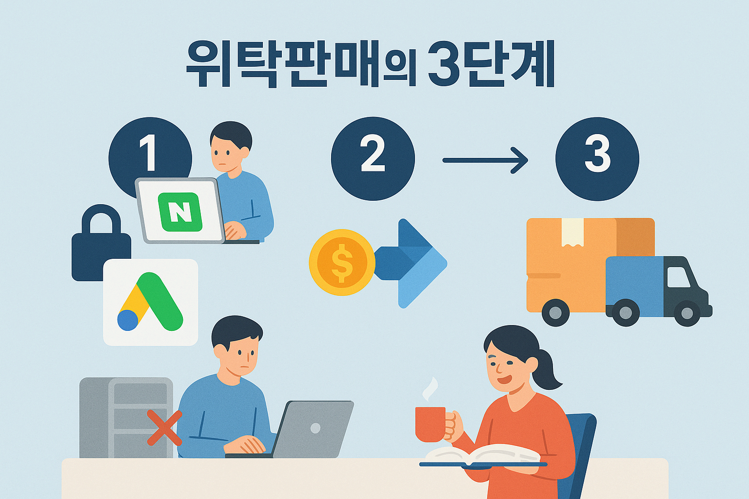 위탁판매 프로세스: 고객이 스마트스토어에서 주문 -> 판매자가 도매 사이트에서 주문 -> 도매 사이트가 고객에게 직접 배송하는 과정을 보여주는 인포그래픽