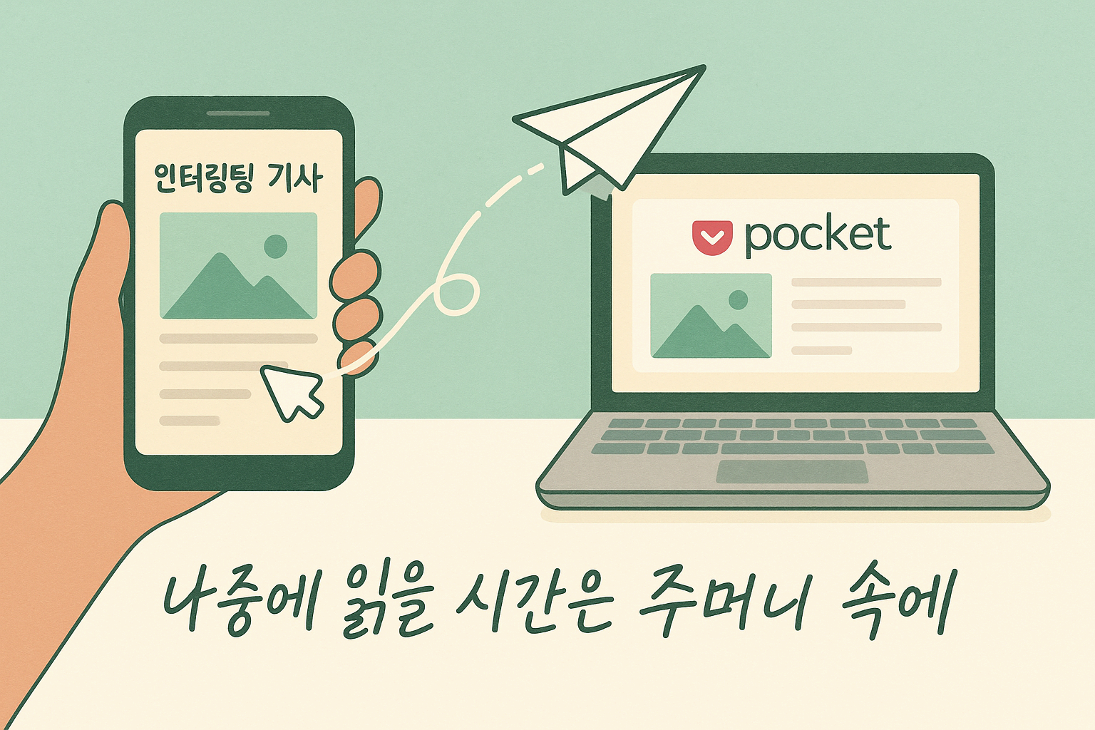 다양한 기기(스마트폰, PC)에서 여러 기사들이 Pocket 로고가 그려진 주머니 속으로 깔끔하게 들어가는 모습을 표현한 인포그래픽